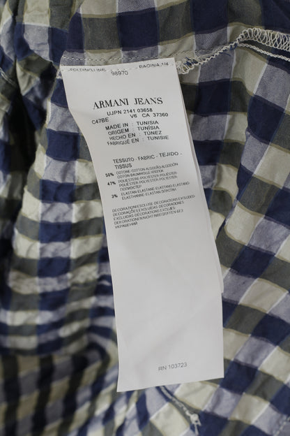 Armani Jeans Men XL (L) Casual Shirt Navy Check Cotton Crinkled Thin Fabric Top