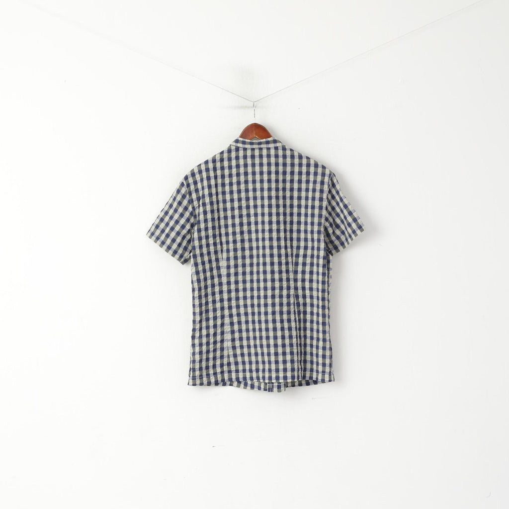 Armani Jeans Men XL (L) Casual Shirt Navy Check Cotton Crinkled Thin Fabric Top