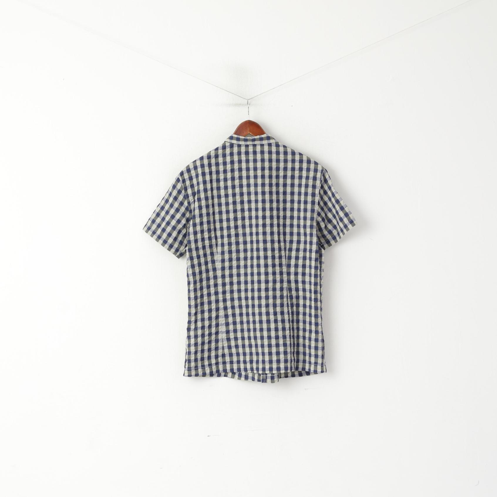 Armani Jeans Men XL (L) Casual Shirt Navy Check Cotton Crinkled Thin Fabric Top