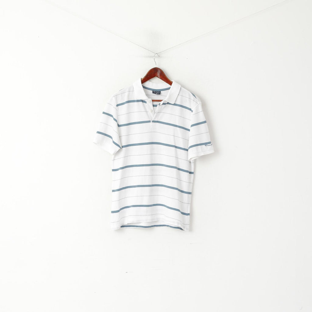 Champion Men M Polo Shirt White Cotton Striped Short Sleeve Sport Top