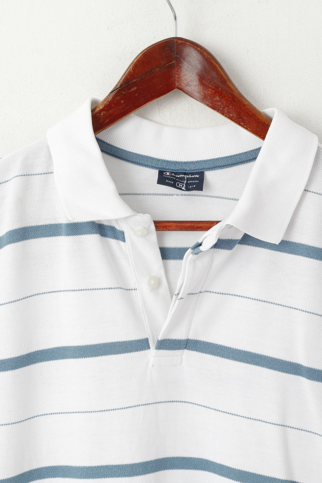 Champion Men M Polo Shirt White Cotton Striped Short Sleeve Sport Top