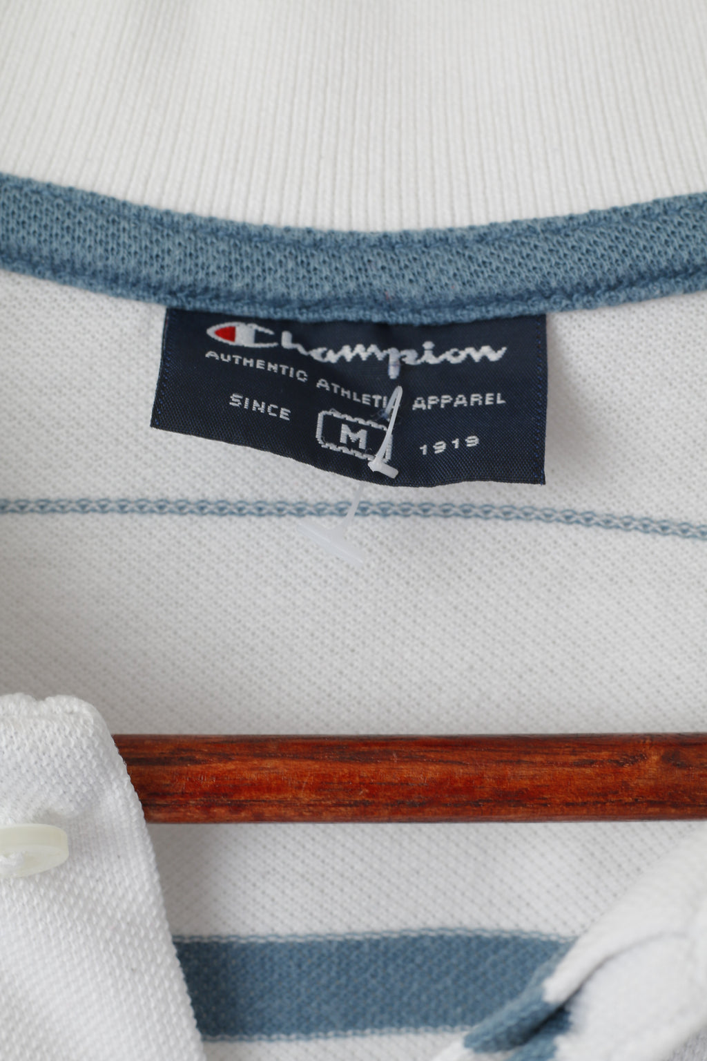 Champion Men M Polo Shirt White Cotton Striped Short Sleeve Sport Top