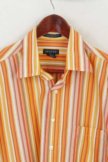 Gant Men XL Casual Shirt Orange Striped Cotton Two Ply Poplin Slim Fit Long Sleeve Top