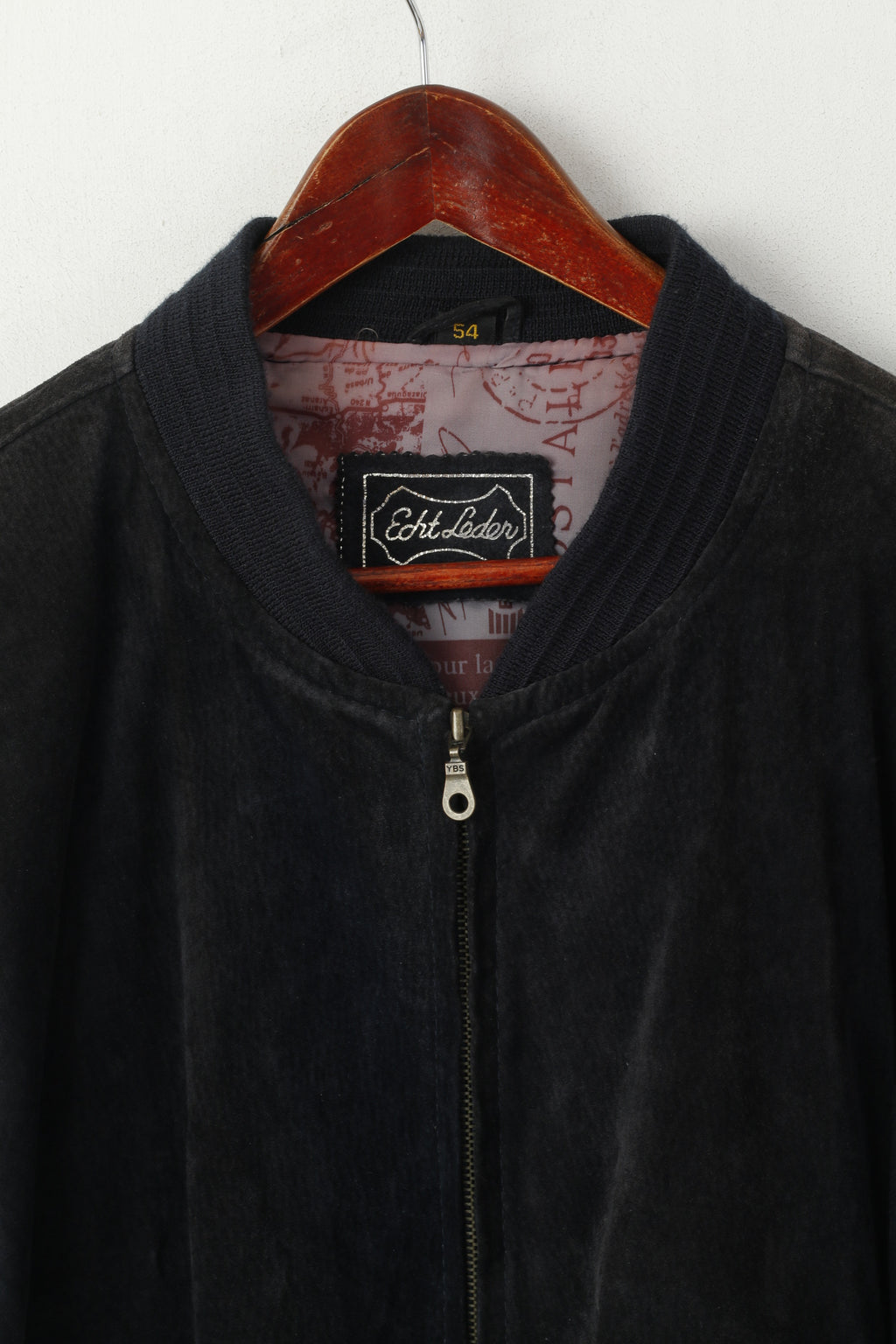Echt Leder Men 54 L Bomber Jacket Black Vintage Leather Velour Biker Full Zipper Top