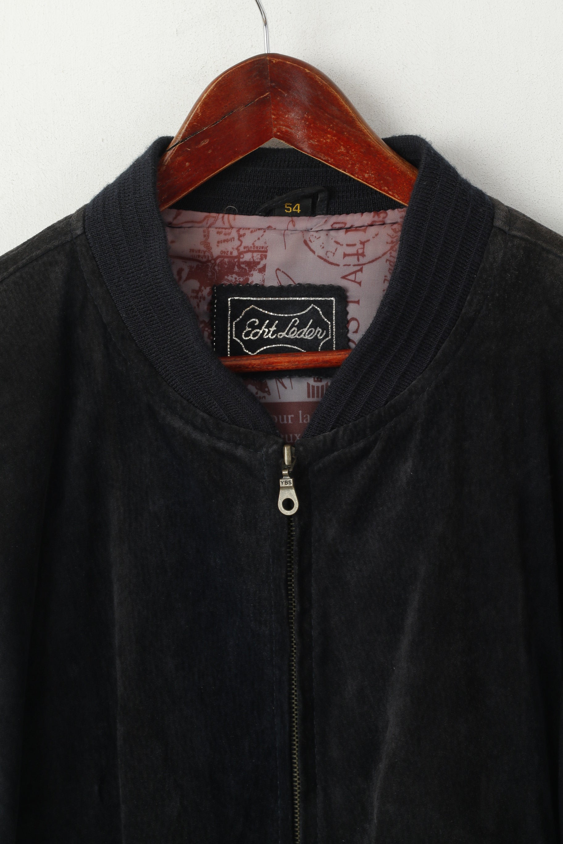 Echt Leder Men 54 L Bomber Jacket Black Vintage Leather Velour Biker Full Zipper Top