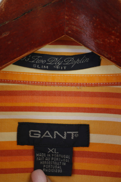 Gant Men XL Casual Shirt Orange Striped Cotton Two Ply Poplin Slim Fit Long Sleeve Top