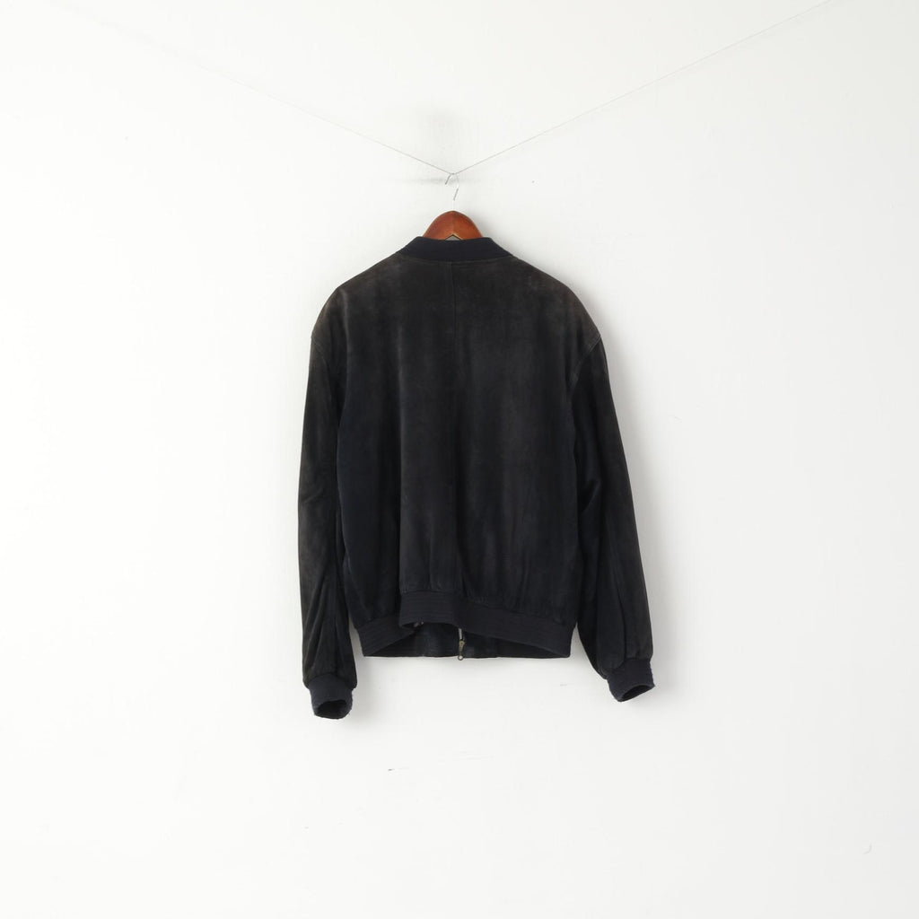 Echt Leder Men 54 L Bomber Jacket Black Vintage Leather Velour Biker Full Zipper Top