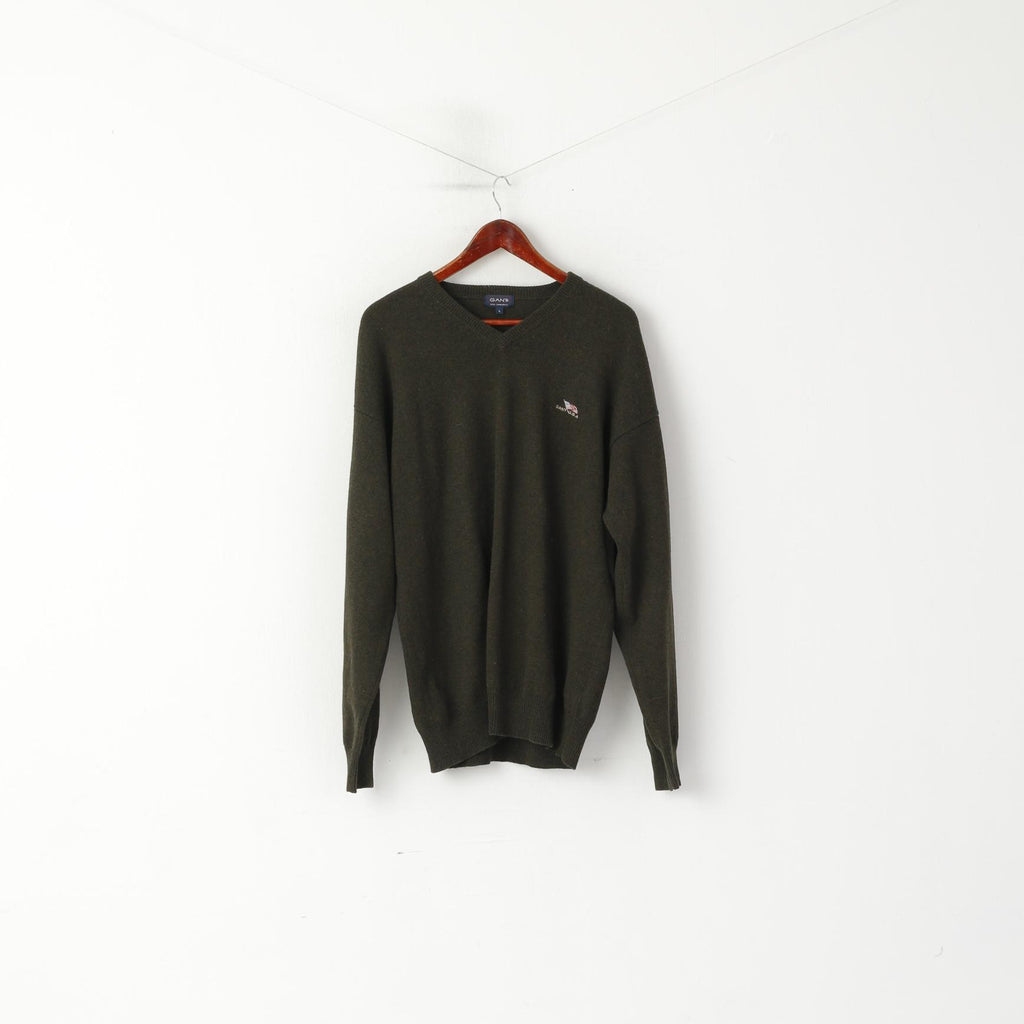 Gant Men L Jumper Green 100% Wool V Neck Classic USA Soft Sweater