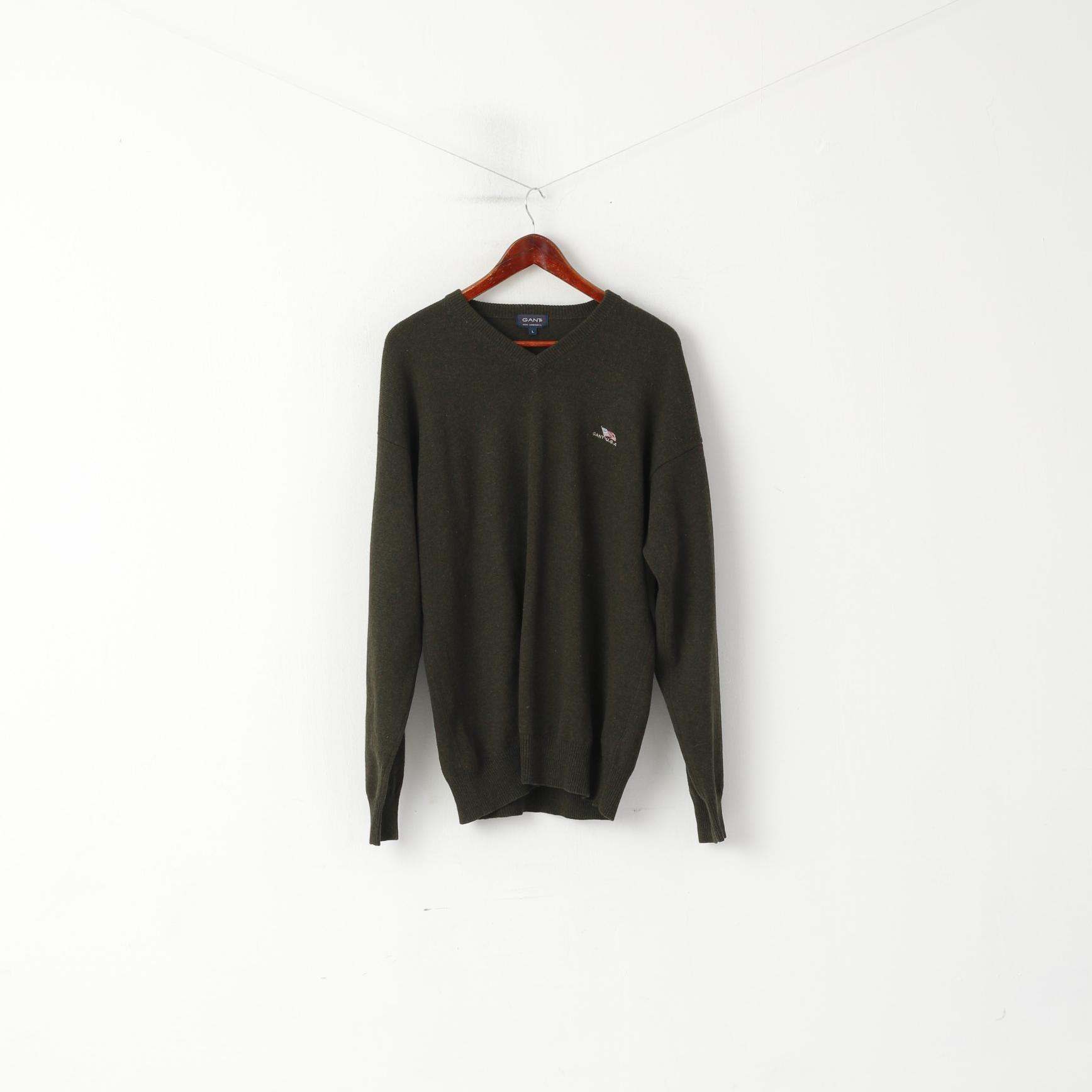 Gant Men L Jumper Green 100% Wool V Neck Classic USA Soft Sweater