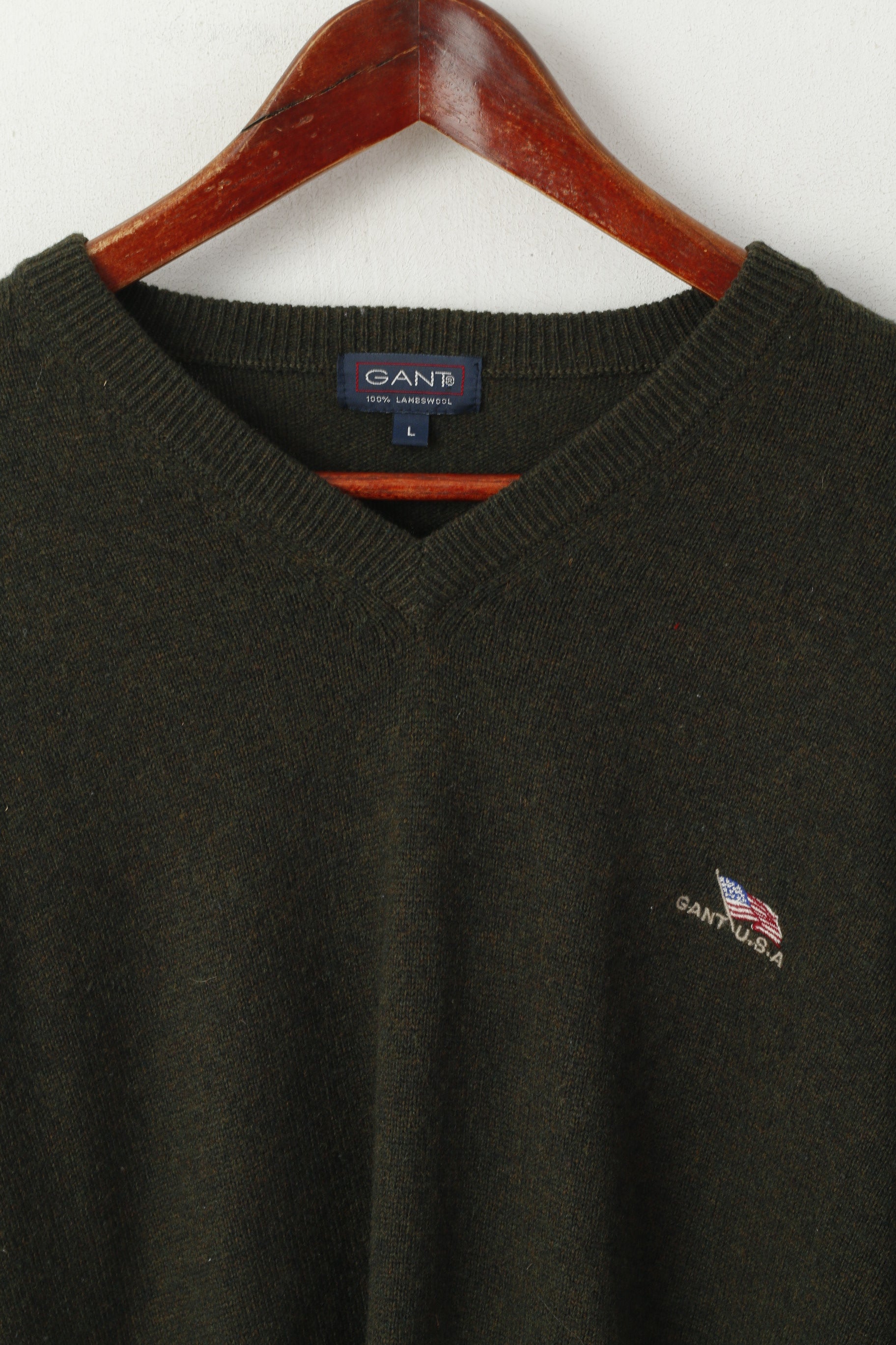 Gant Men L Jumper Green 100% Wool V Neck Classic USA Soft Sweater