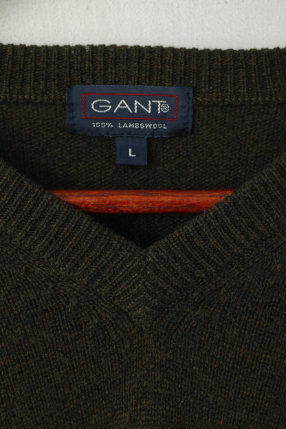 Gant Men L Jumper Green 100% Wool V Neck Classic USA Soft Sweater