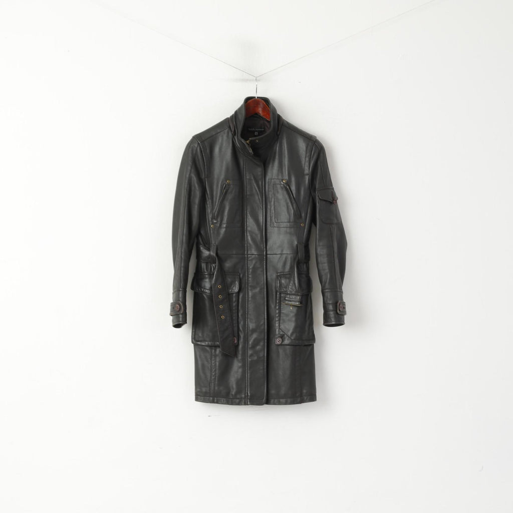 Arma Femme 36 8 S Veste Marron Cuir Souple Fermeture Éclair Complète Rétro Ceinture Biker Manteau