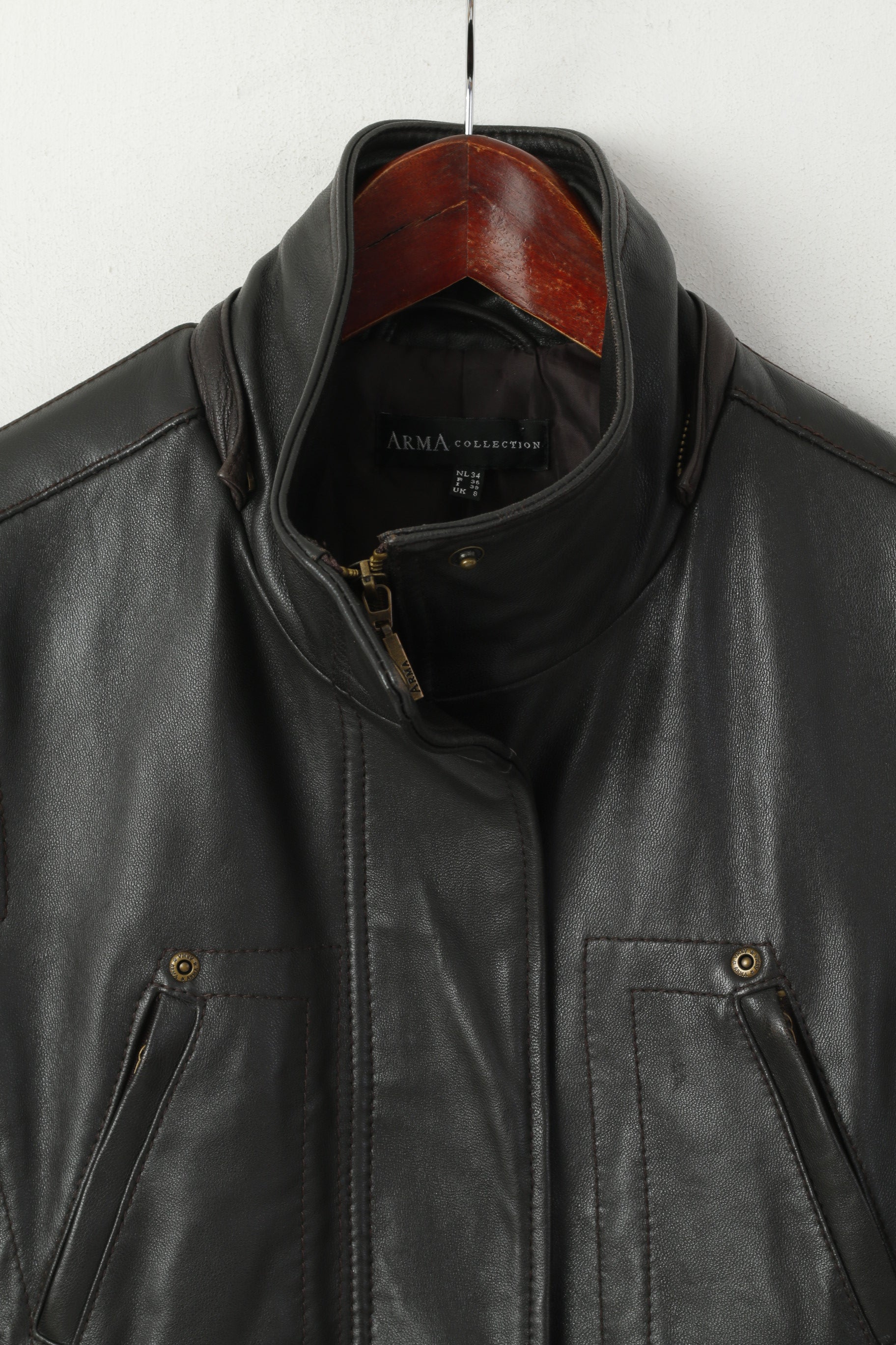 Arma Femme 36 8 S Veste Marron Cuir Souple Fermeture Éclair Complète Rétro Ceinture Biker Manteau