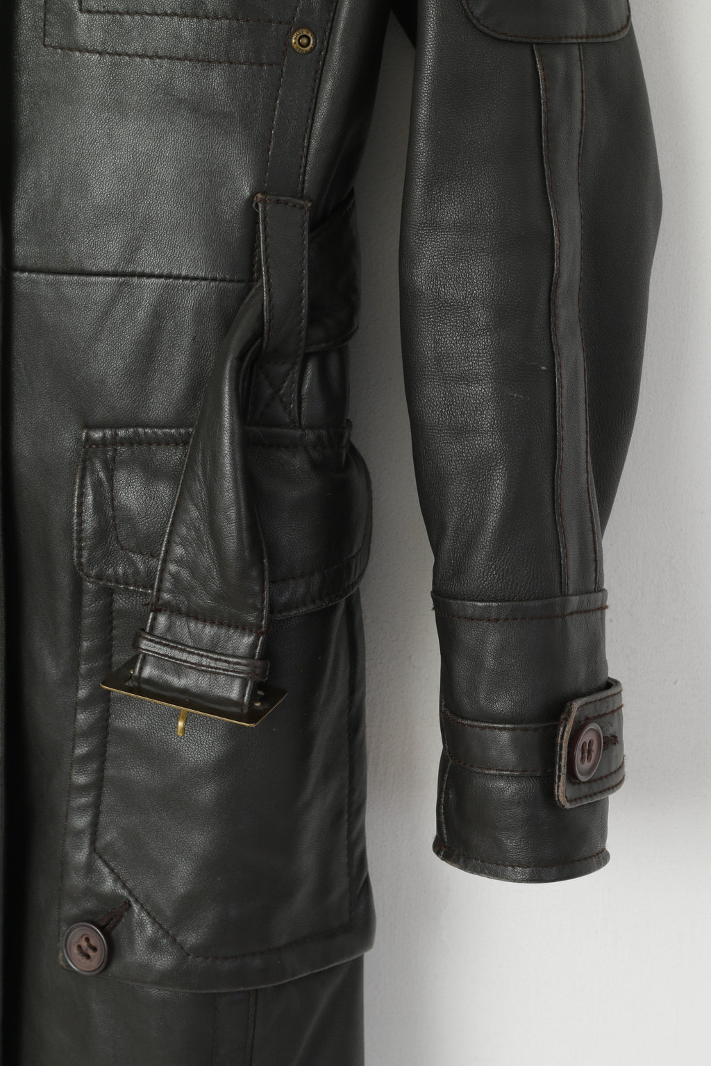 Arma Femme 36 8 S Veste Marron Cuir Souple Fermeture Éclair Complète Rétro Ceinture Biker Manteau