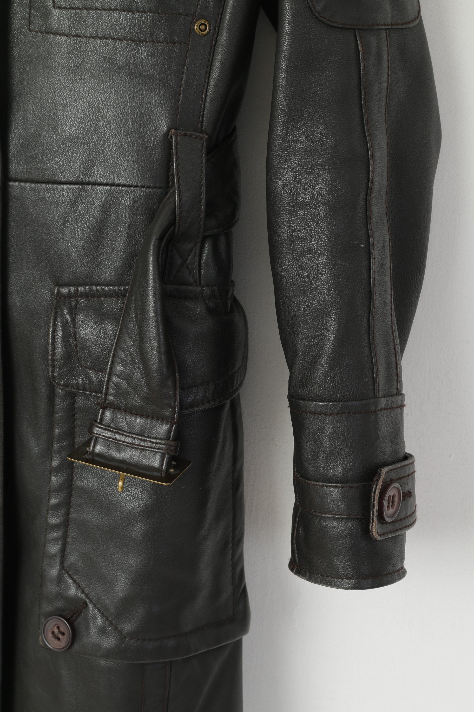 Arma Femme 36 8 S Veste Marron Cuir Souple Fermeture Éclair Complète Rétro Ceinture Biker Manteau