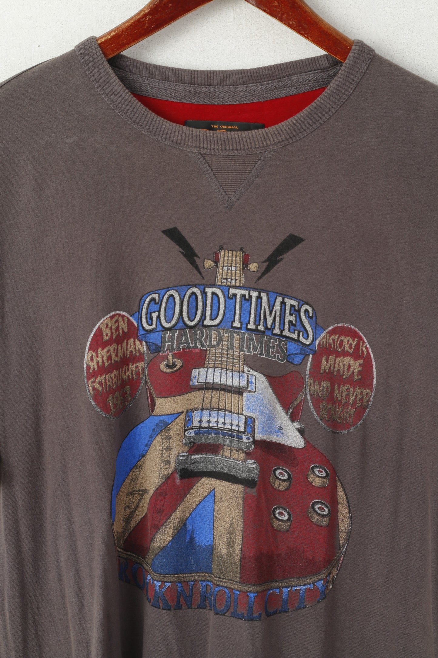 Ben Sherman Homme XL T-Shirt Gris Coton Graphique Rock'n Roll City Top