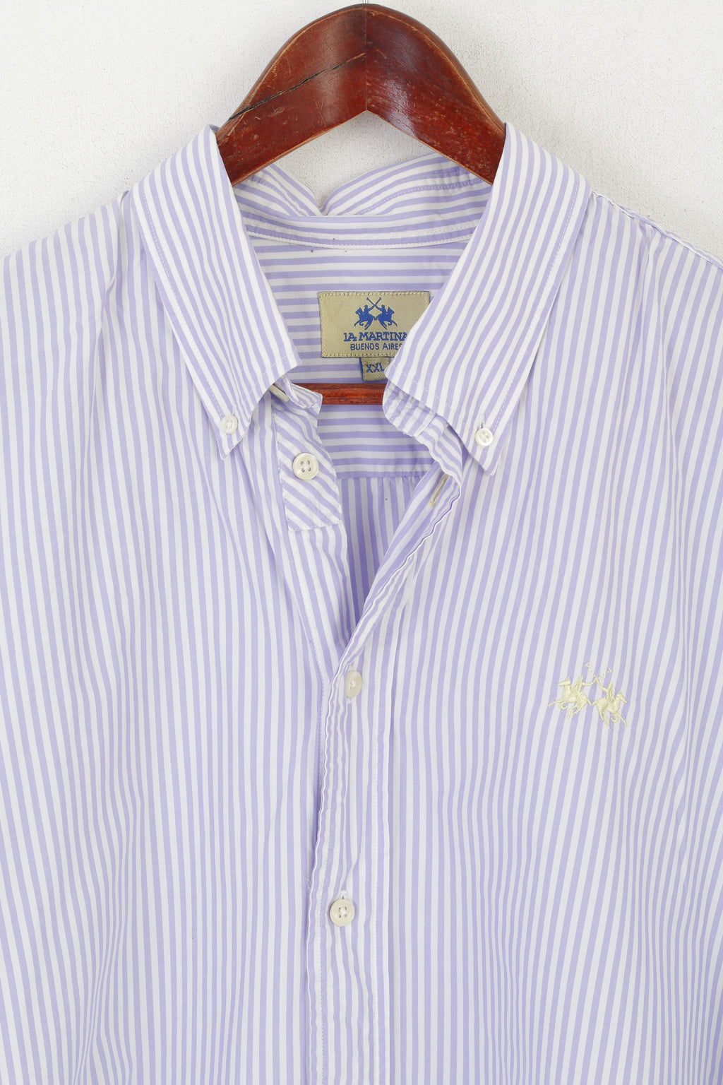 La Martina Men XXL Casual Shirt Purple White Striped Cotton Short Sleeve Top