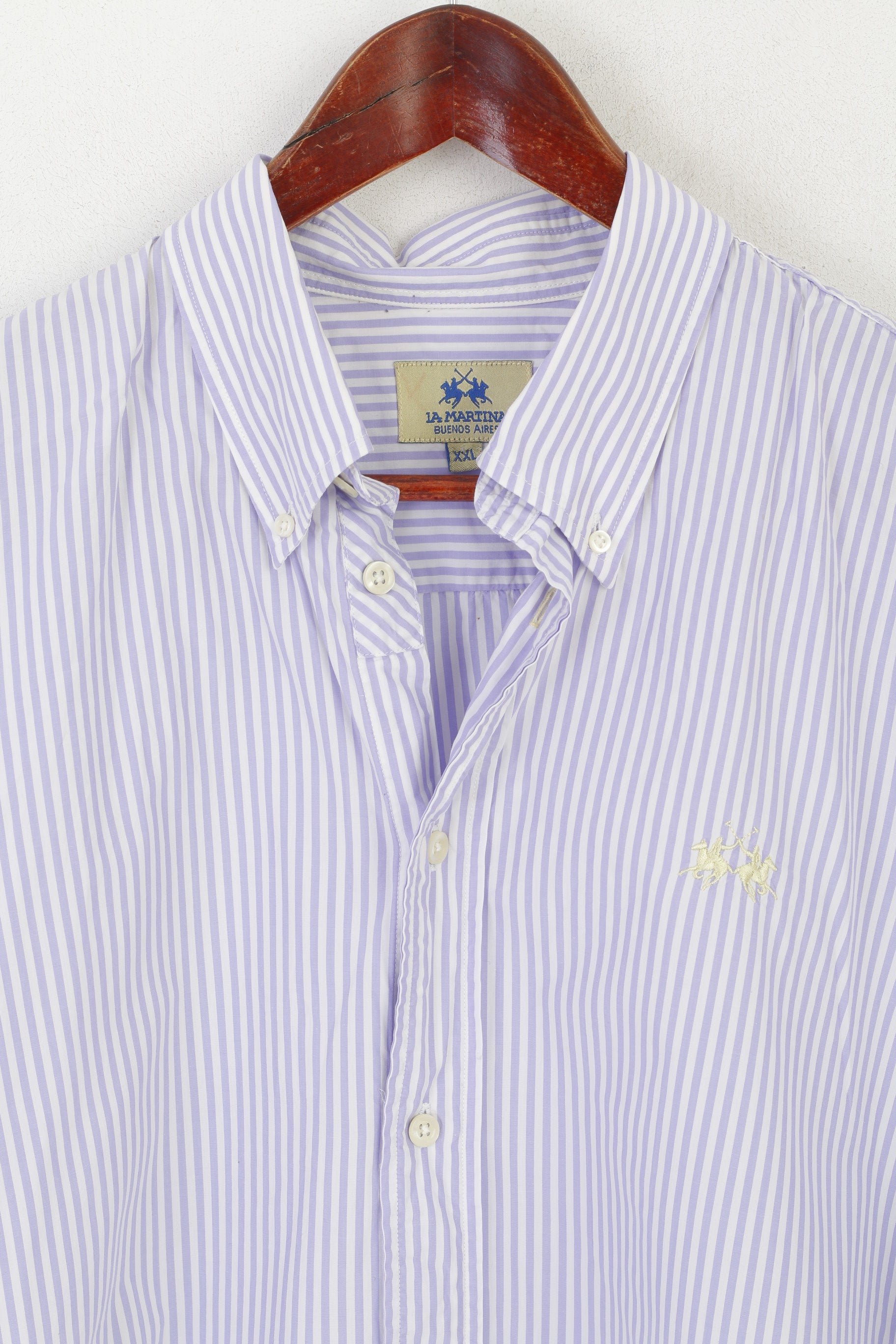 La Martina Men XXL Casual Shirt Purple White Striped Cotton Short Sleeve Top