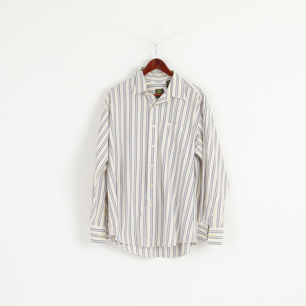 Timberland Men L Casual Shirt White Yellow Striped Cotton Organic Long Sleeve