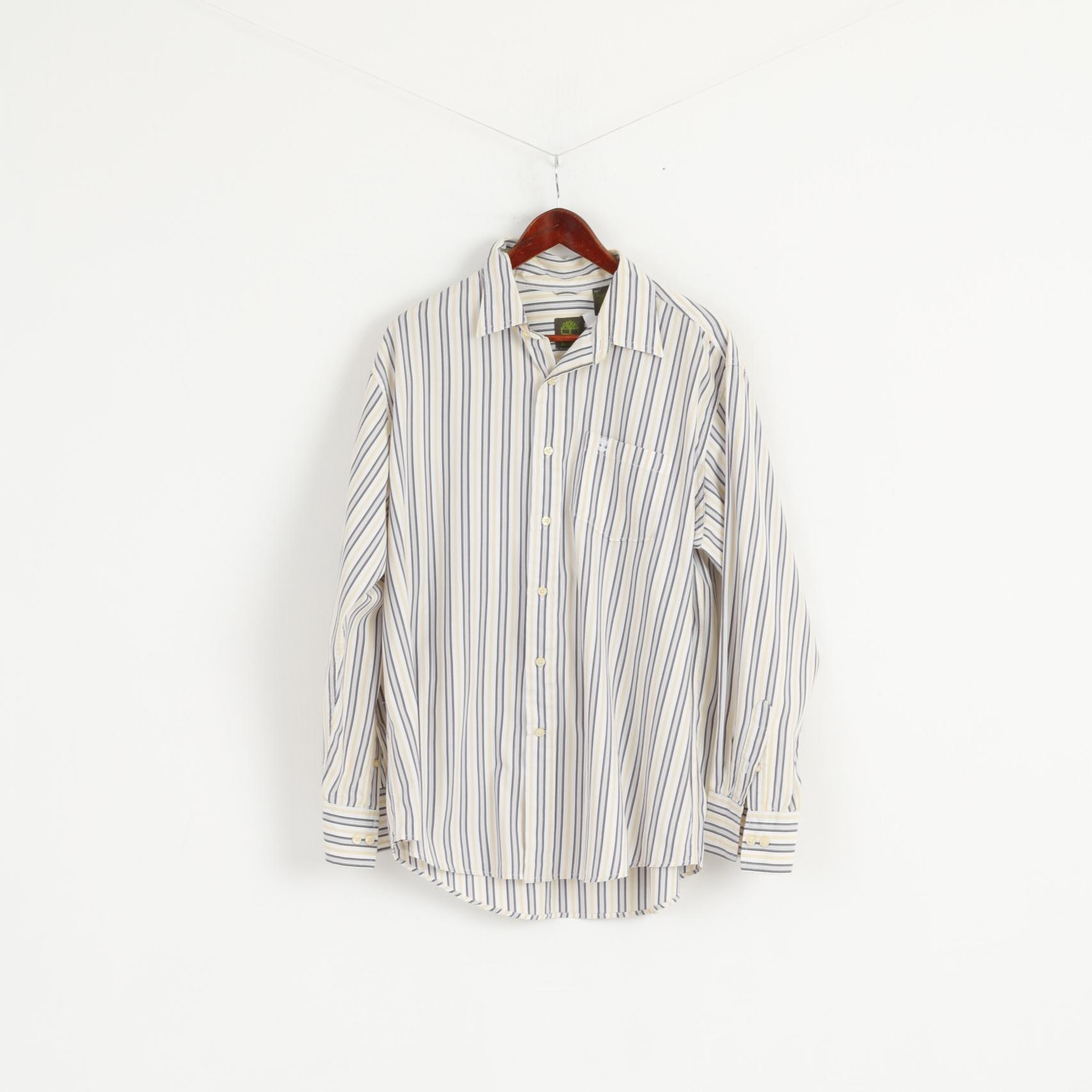 Timberland Men L Casual Shirt White Yellow Striped Cotton Organic Long Sleeve