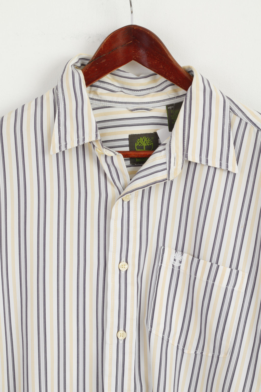 Timberland Men L Casual Shirt White Yellow Striped Cotton Organic Long Sleeve