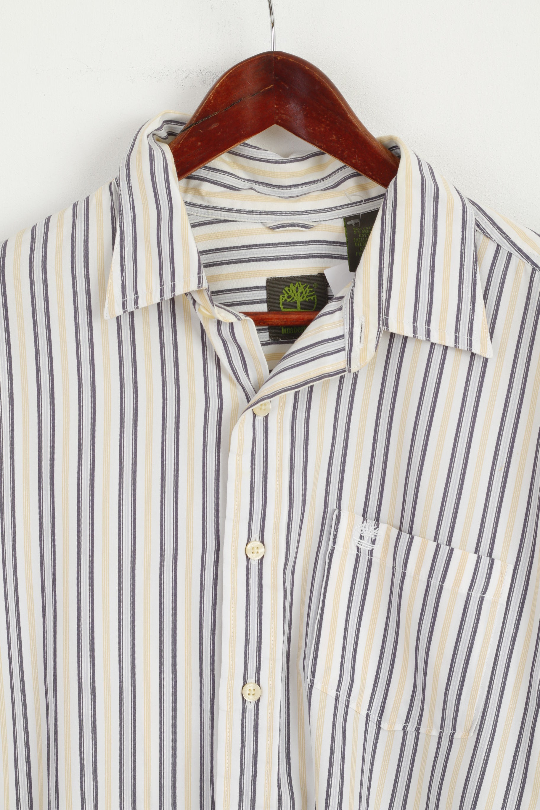 Timberland Men L Casual Shirt White Yellow Striped Cotton Organic Long Sleeve