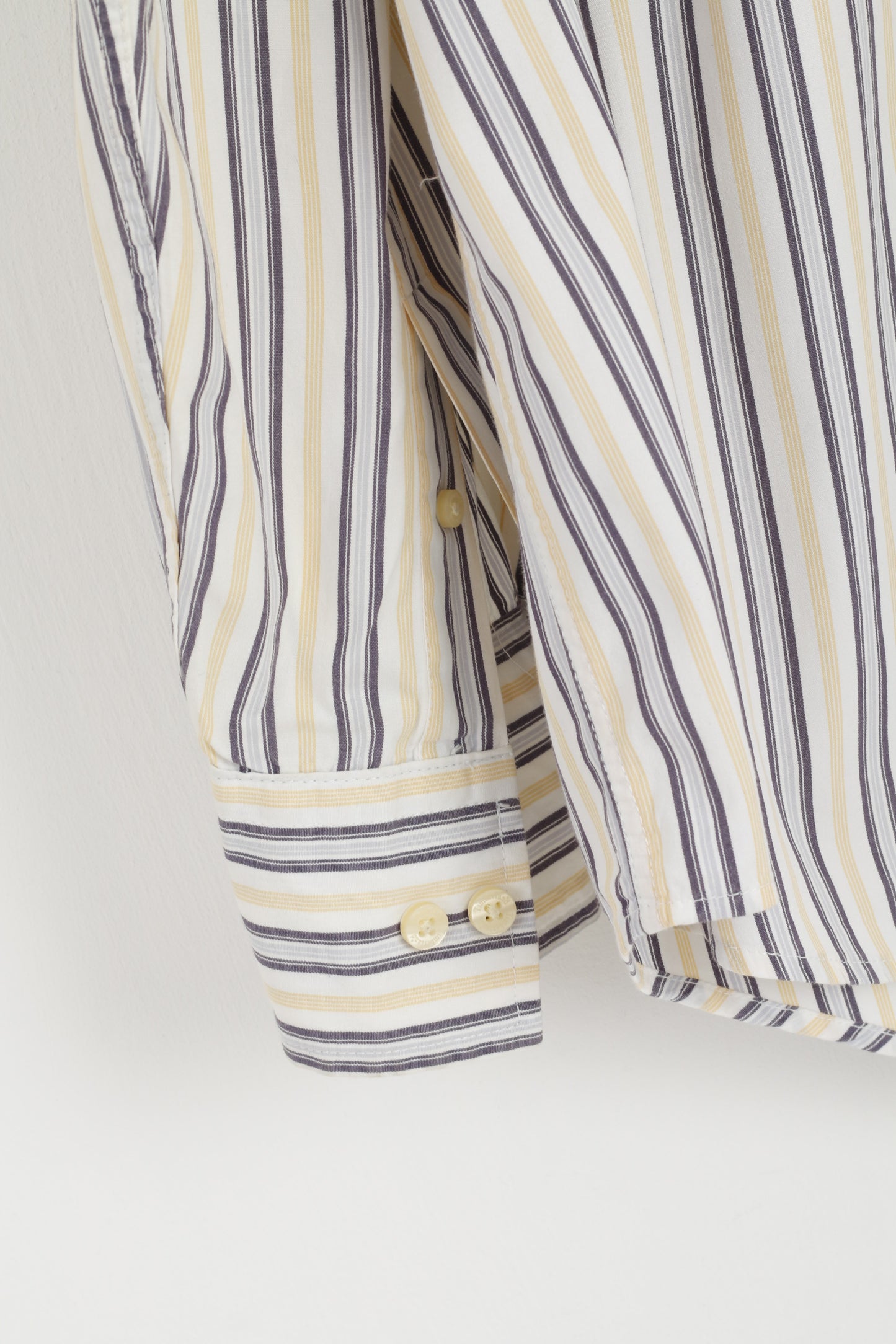 Timberland Men L Casual Shirt White Yellow Striped Cotton Organic Long Sleeve