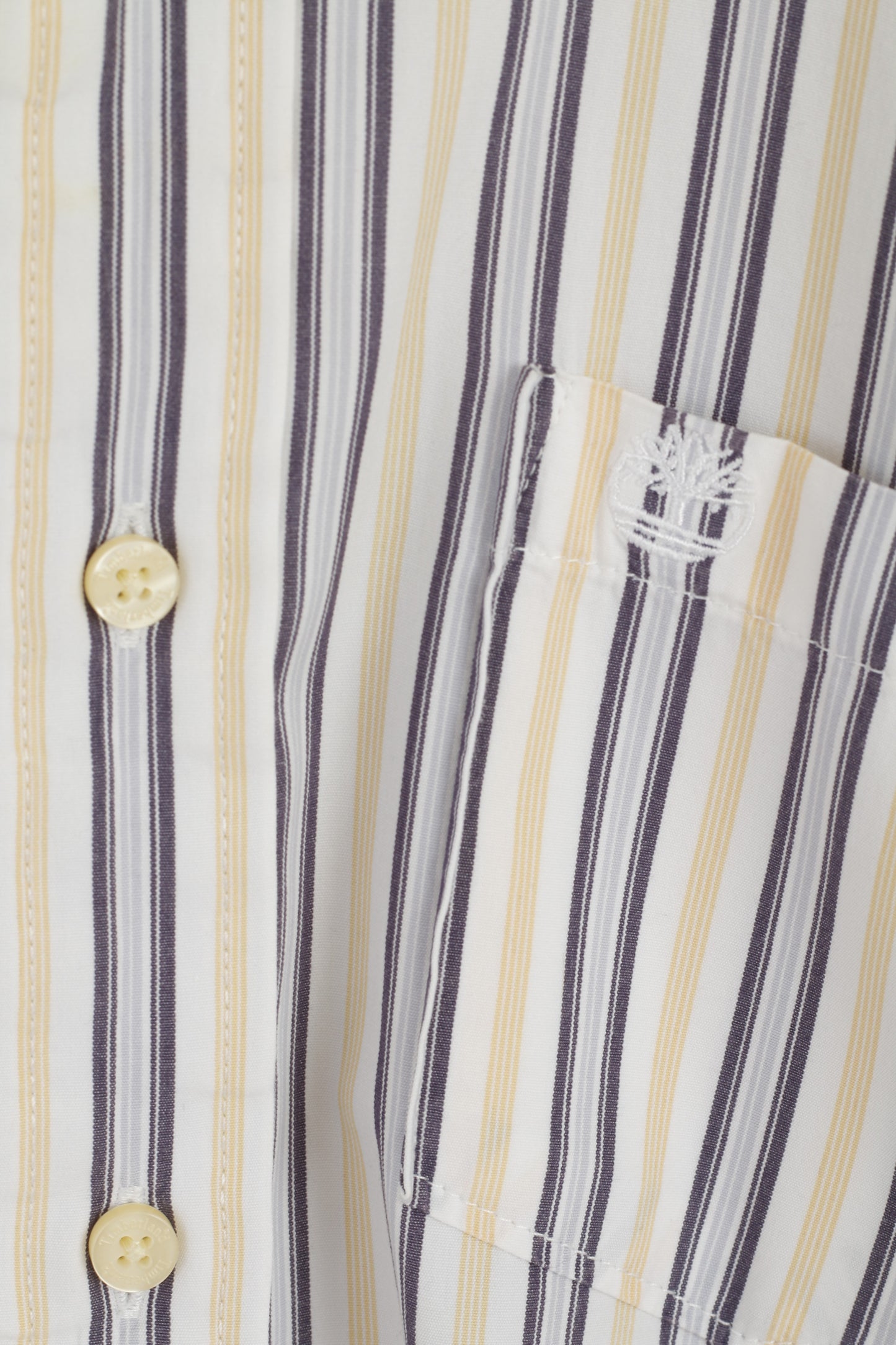 Timberland Men L Casual Shirt White Yellow Striped Cotton Organic Long Sleeve