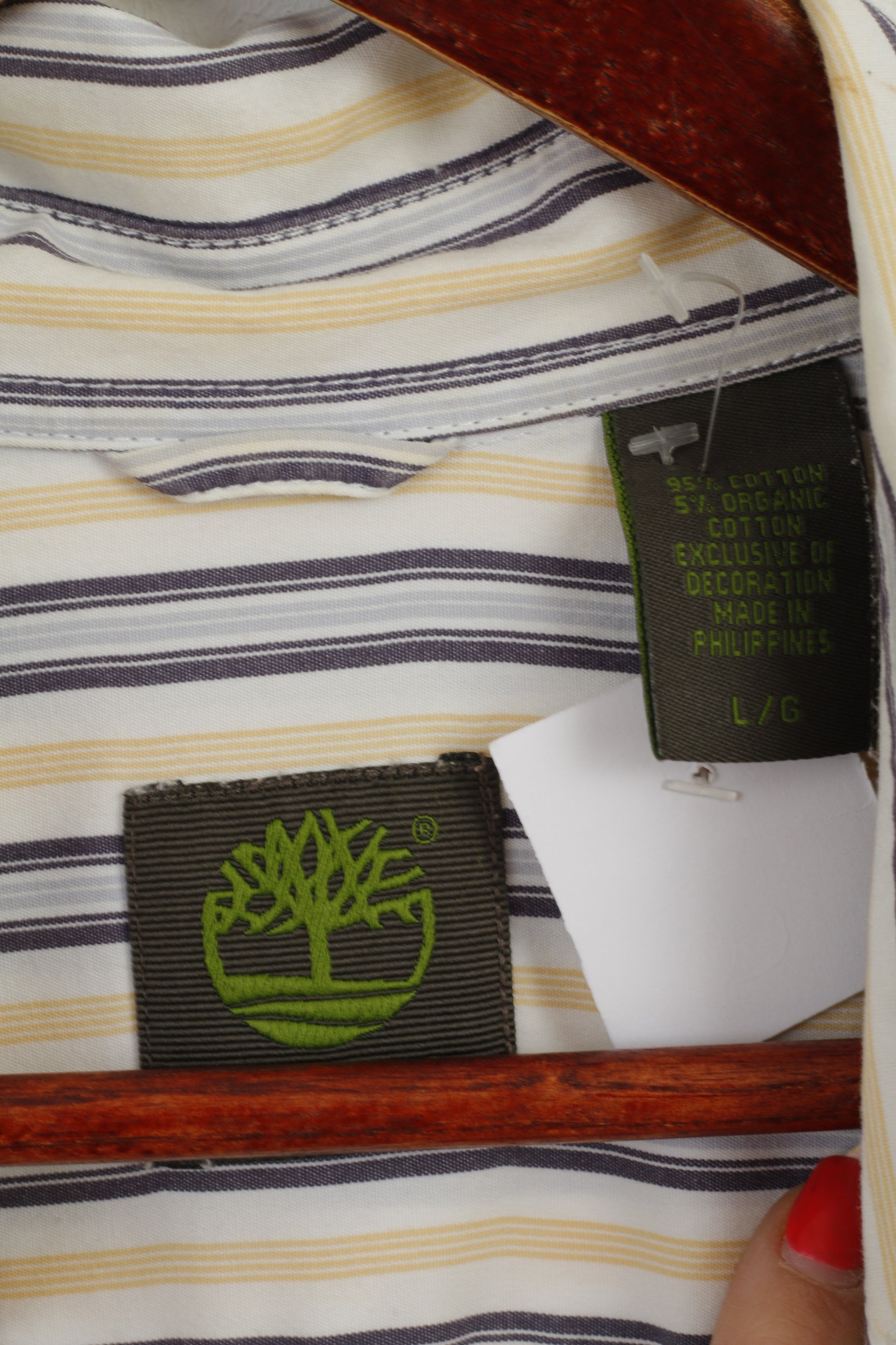 Timberland Men L Casual Shirt White Yellow Striped Cotton Organic Long Sleeve