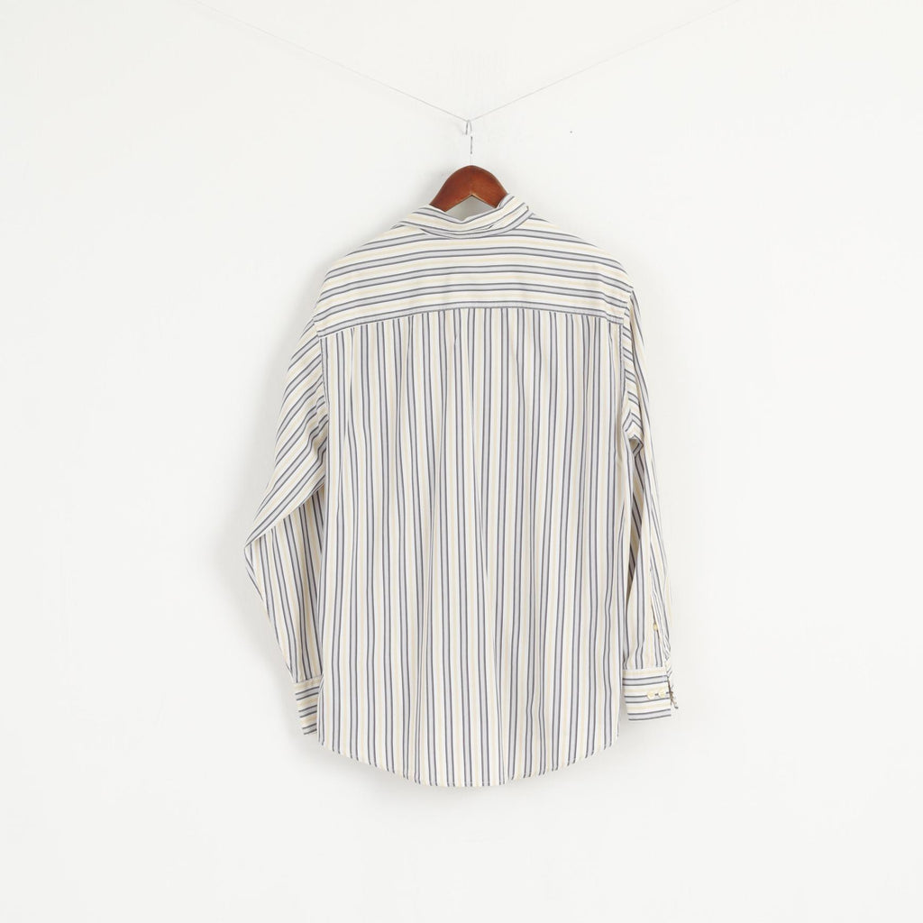 Timberland Men L Casual Shirt White Yellow Striped Cotton Organic Long Sleeve