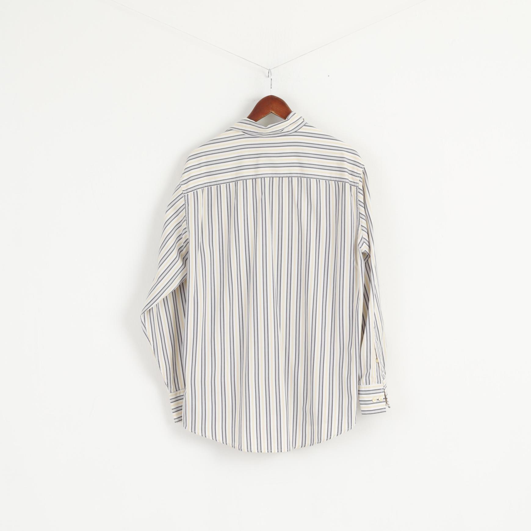 Timberland Men L Casual Shirt White Yellow Striped Cotton Organic Long Sleeve