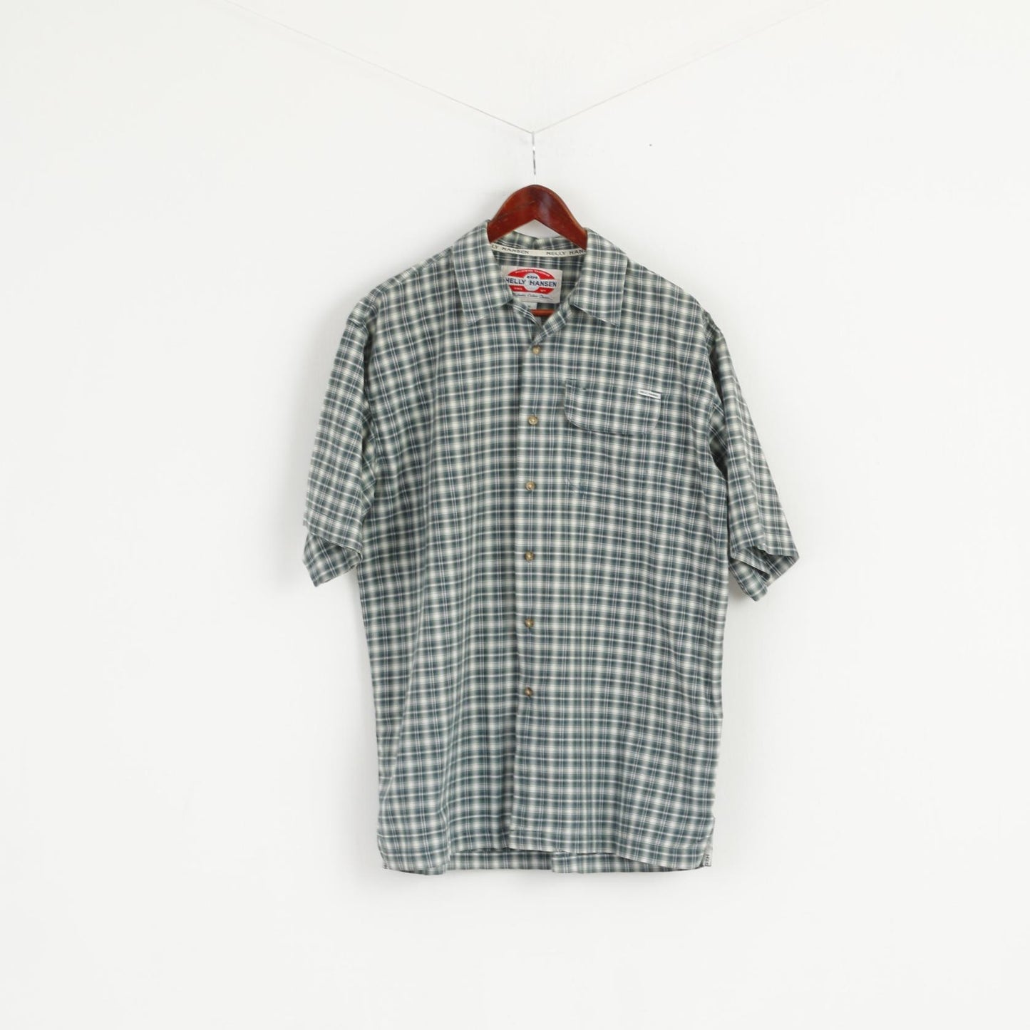 Helly Hansen Uomo M (L) Camicia casual Top da esterno in cotone a maniche corte a quadri verdi