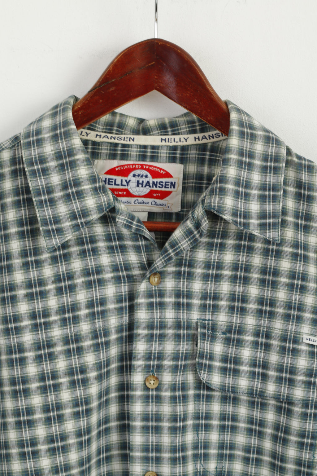 Helly Hansen Men M (L) Casual Shirt Green Check Short Sleeve Cotton Outdoor Top