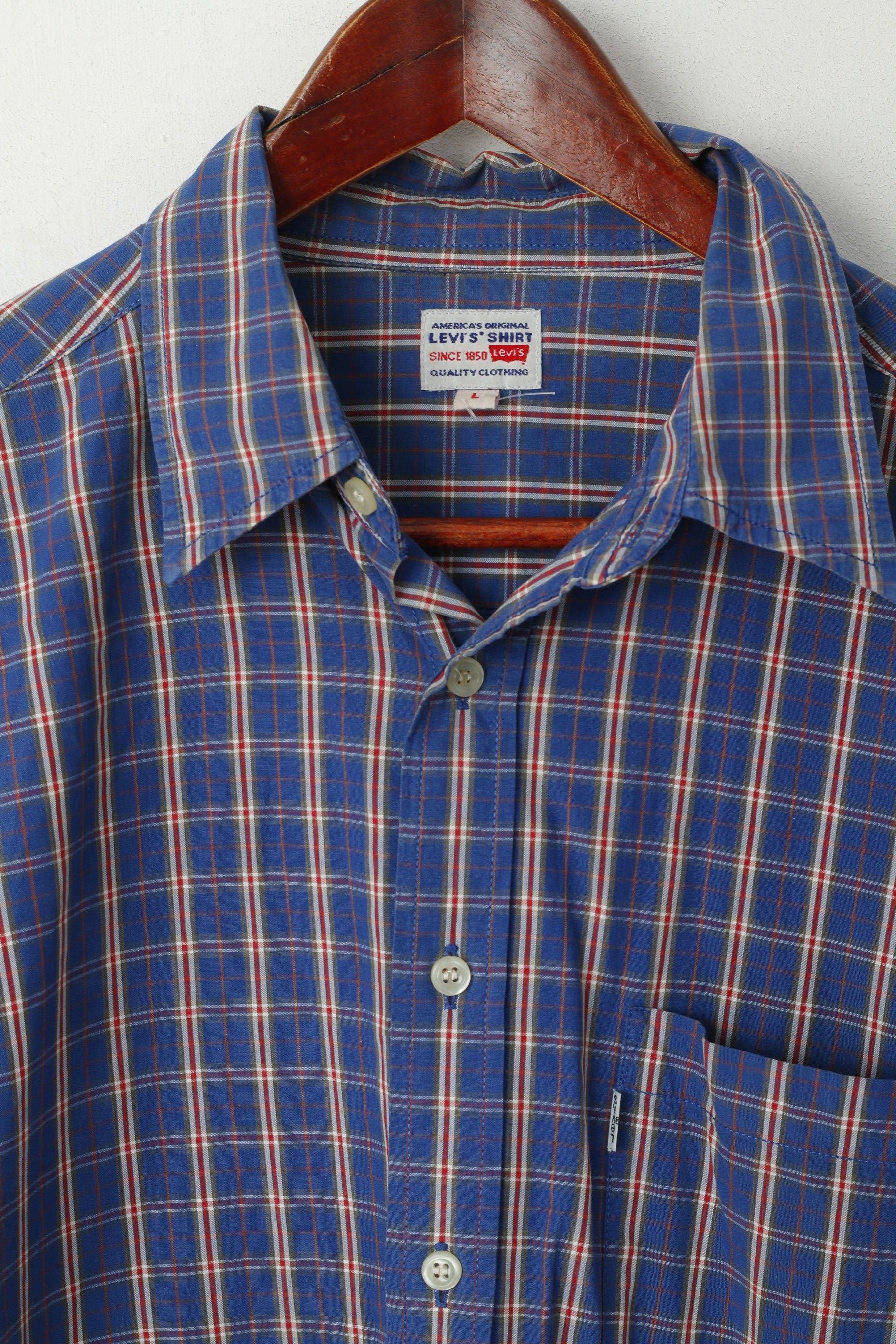 Levi's Men L Casual Shirt Blue Checkered 100% Cotton Pocket Long Sleeve Top