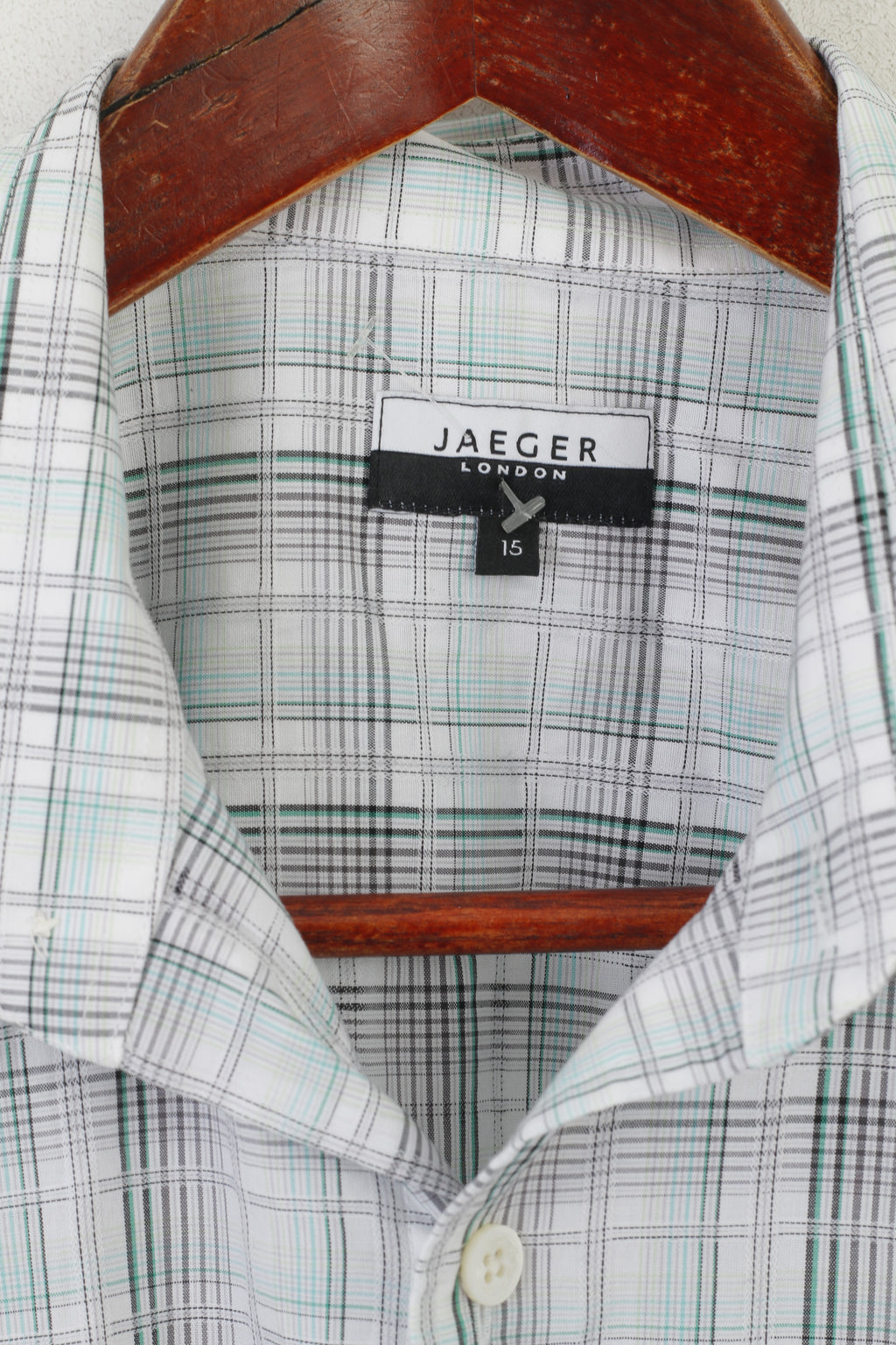 Jaeger London Men 15 S Casual Shirt Green Check Cotton Short Sleeve Top