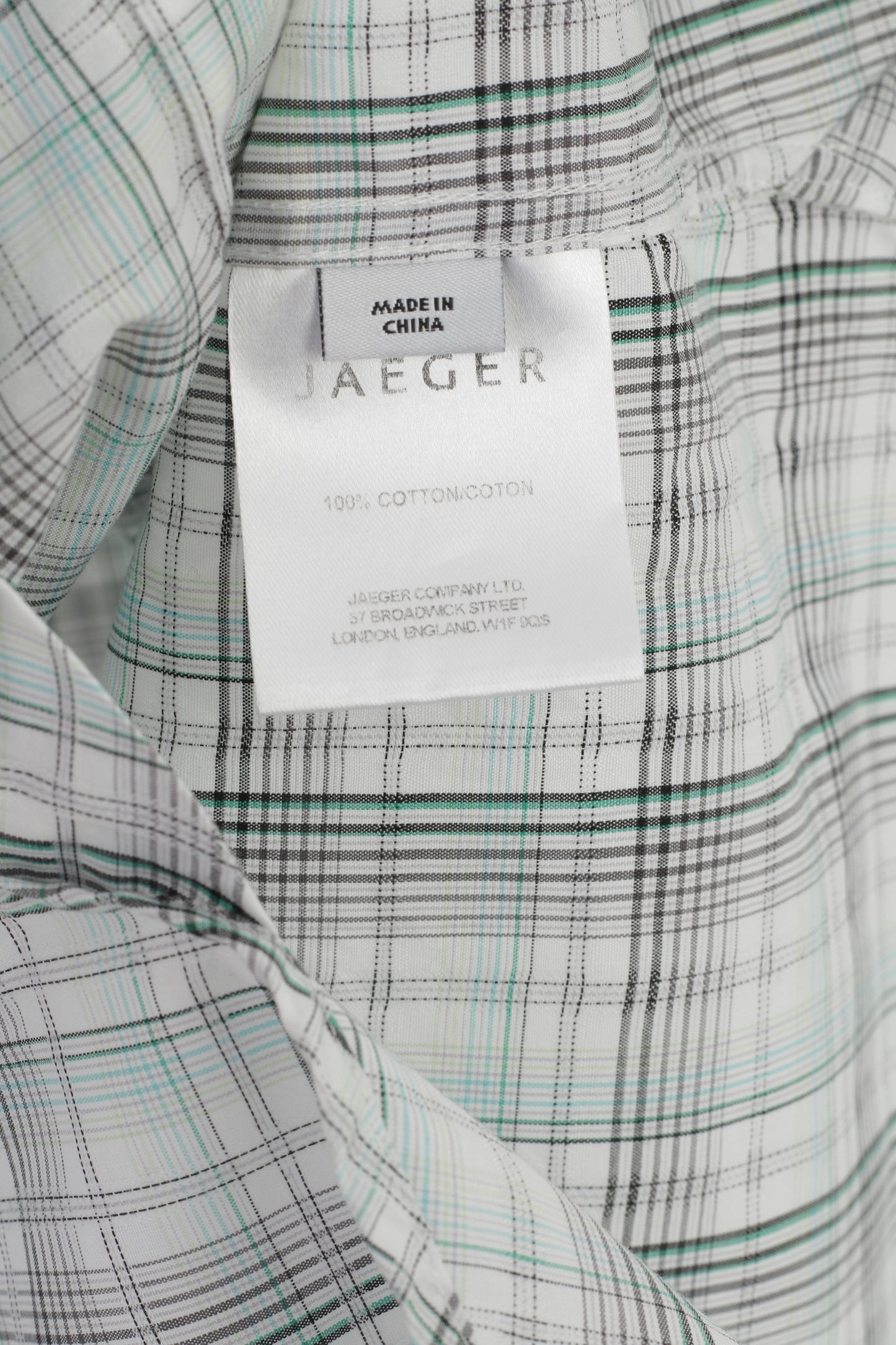 Jaeger London Men 15 S Casual Shirt Green Check Cotton Short Sleeve Top