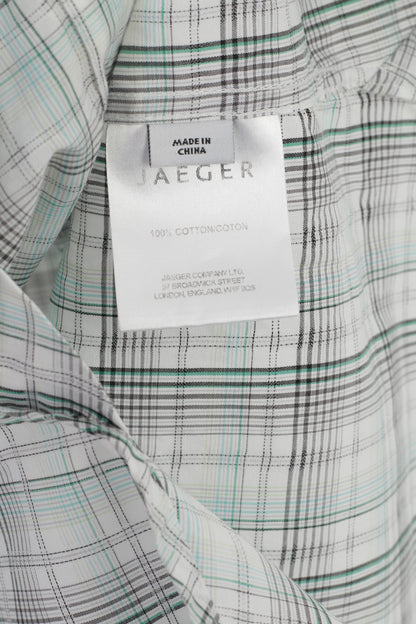 Jaeger London Men 15 S Casual Shirt Green Check Cotton Short Sleeve Top