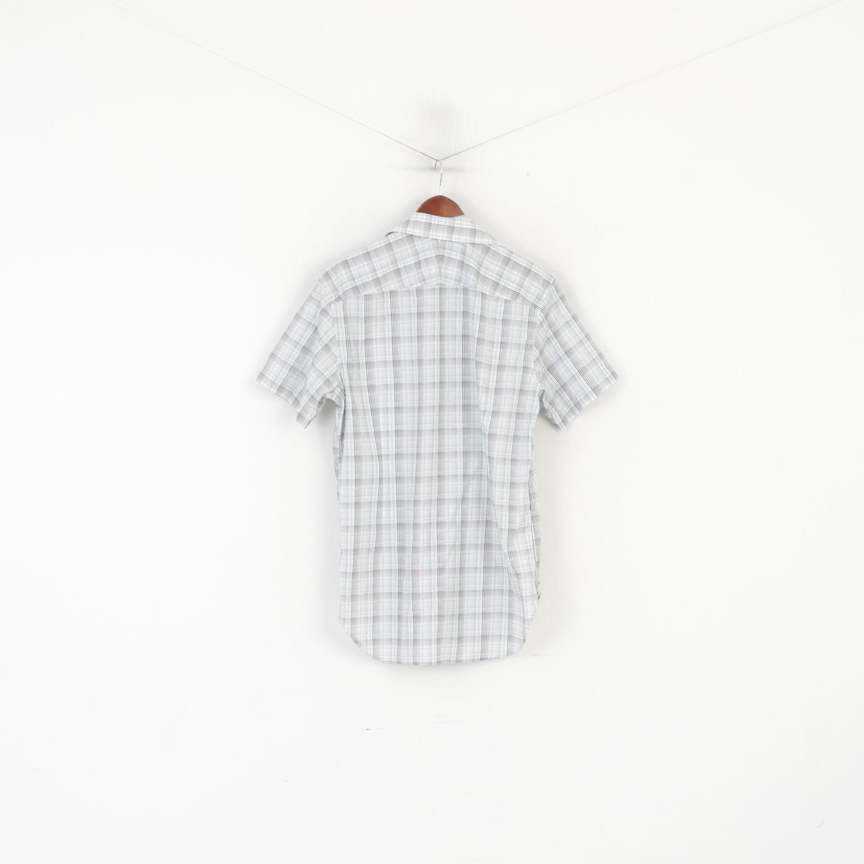 Jaeger London Men 15 S Casual Shirt Green Check Cotton Short Sleeve Top