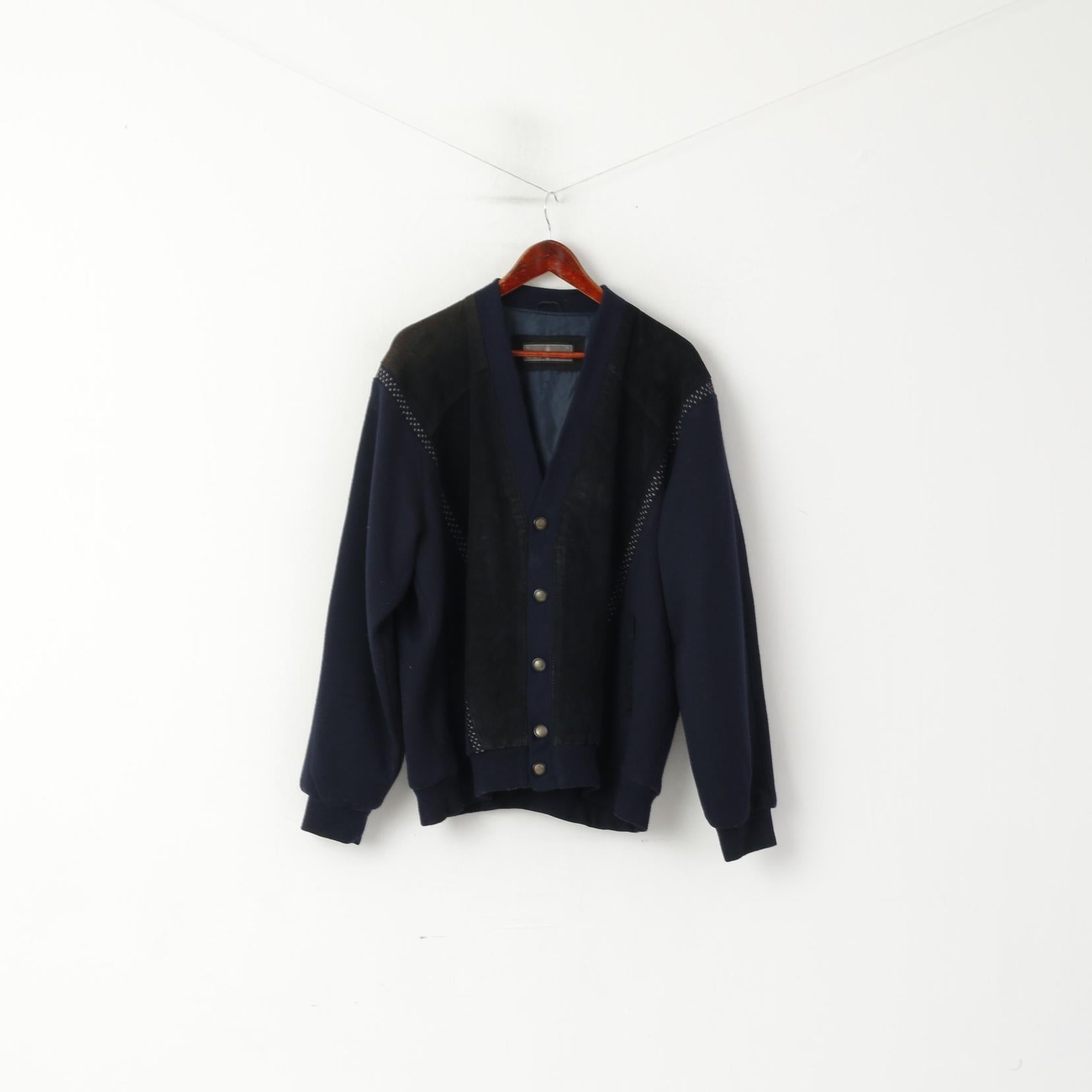 Elkjaer Men 54 XL Button Front Cardigan Navy Leather Wool Blend Vintage Sweater