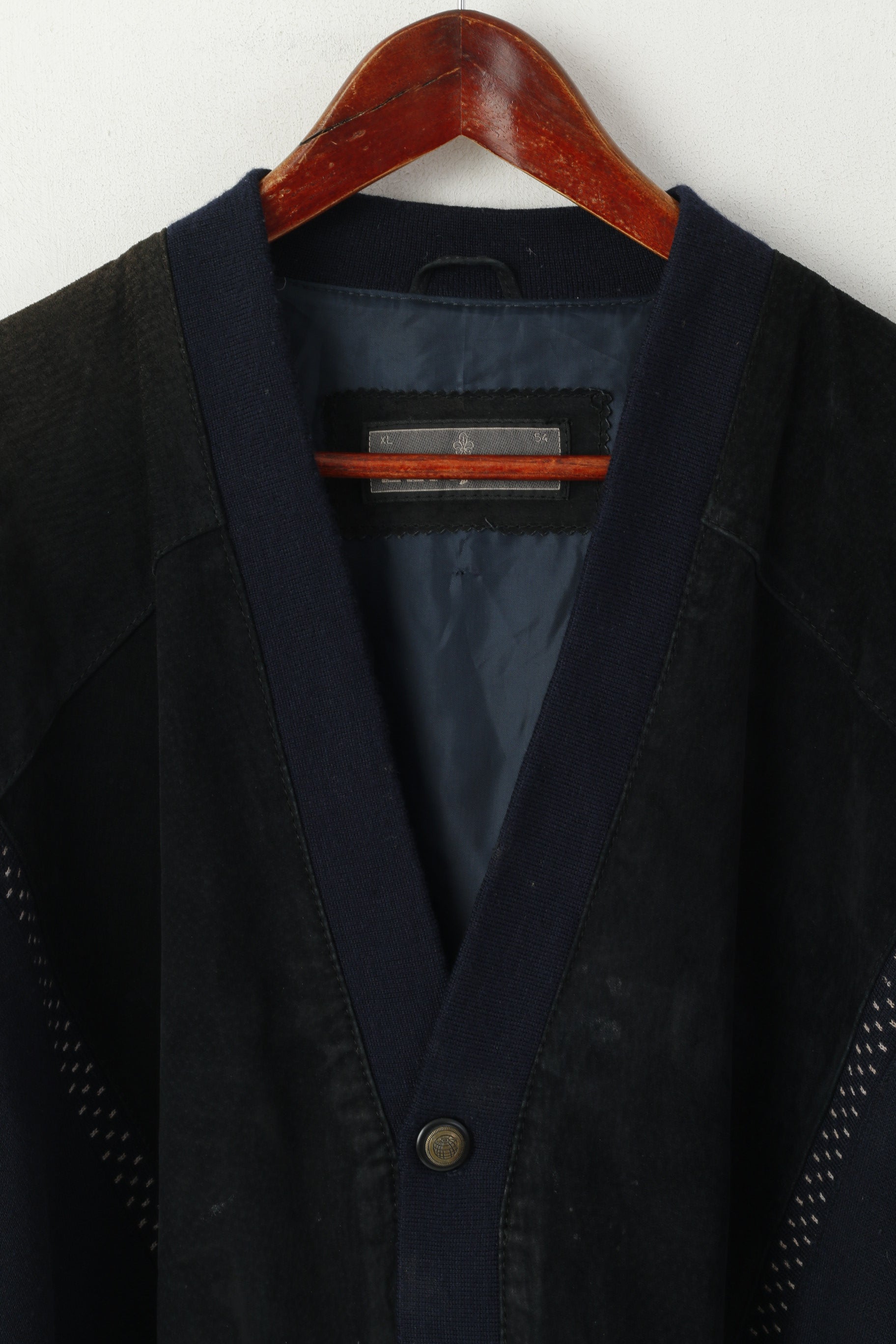 Elkjaer Men 54 XL Button Front Cardigan Navy Leather Wool Blend Vintage Sweater