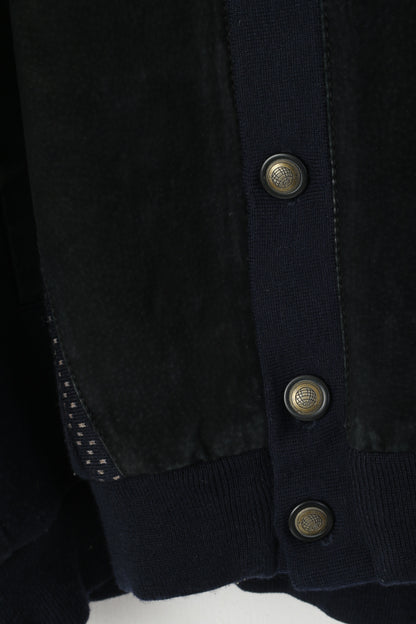 Elkjaer Uomo 54 XL Cardigan con bottoni sul davanti Maglione vintage in misto lana in pelle blu scuro