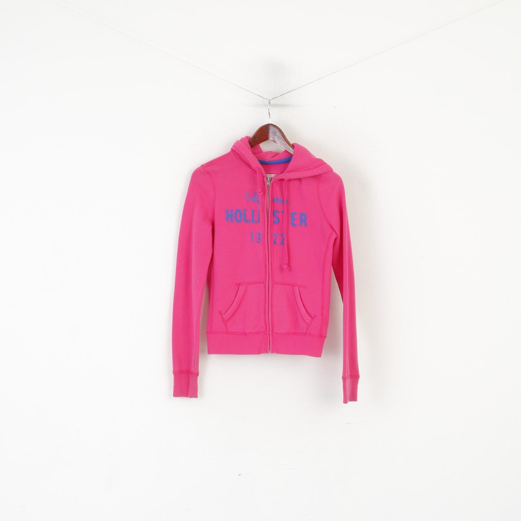 Felpa Hollister da donna, in cotone rosa, ricamato, con cappuccio, zip intera