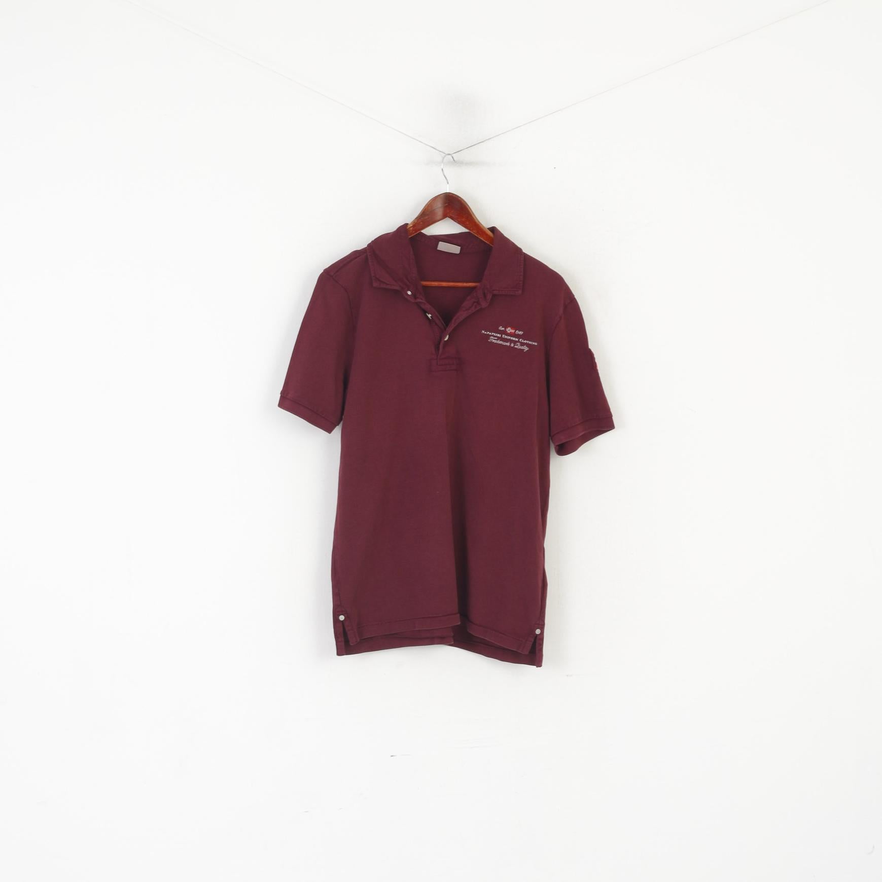 Napapijri Men L Polo Shirt Burgundy Cotton Detailed Buttons Classic Uniform Top
