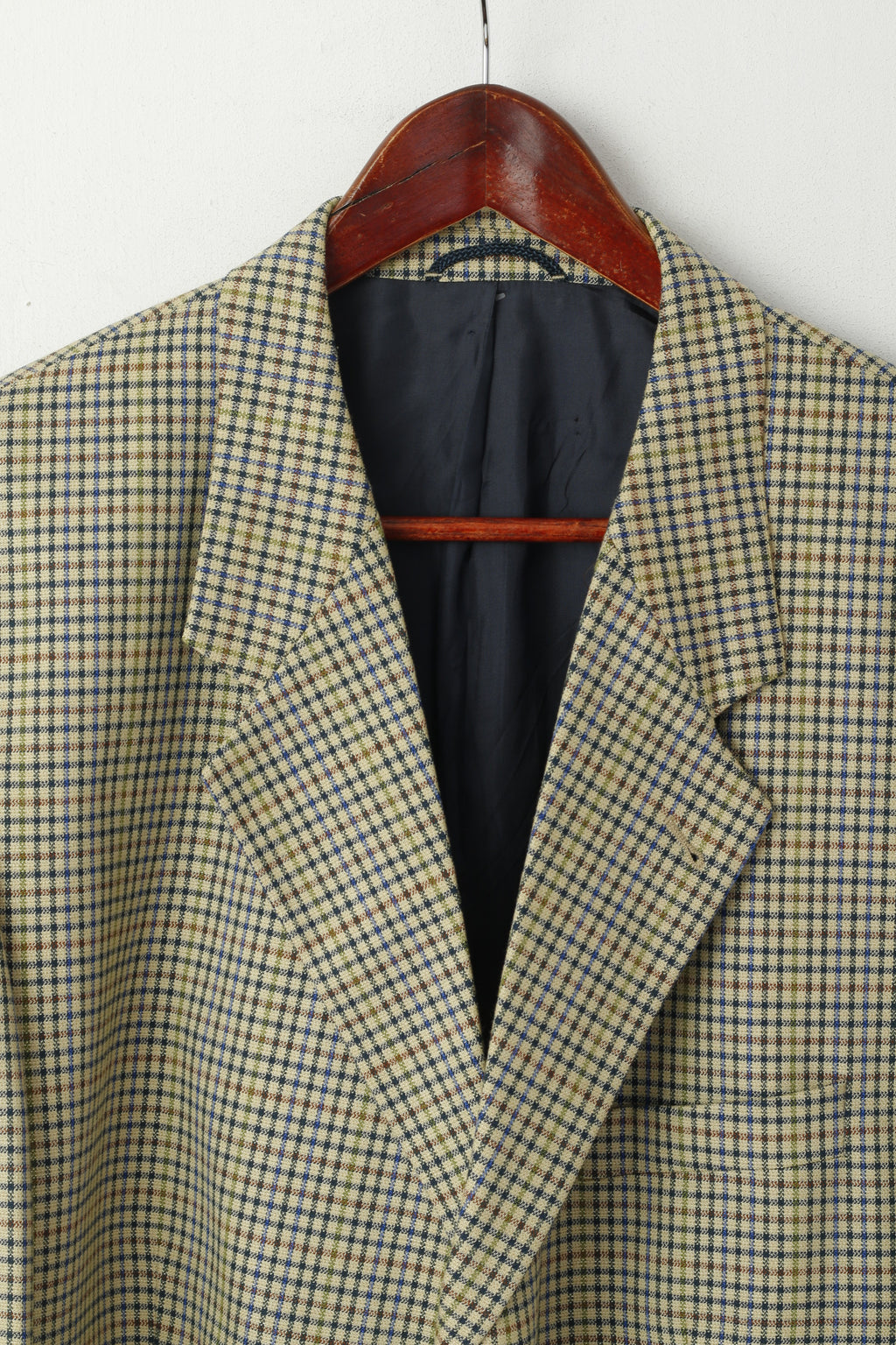 John Harris Men 28 46 Blazer Beige Checkered Wool Silk Vintage 90s Stretch Fit Jacket