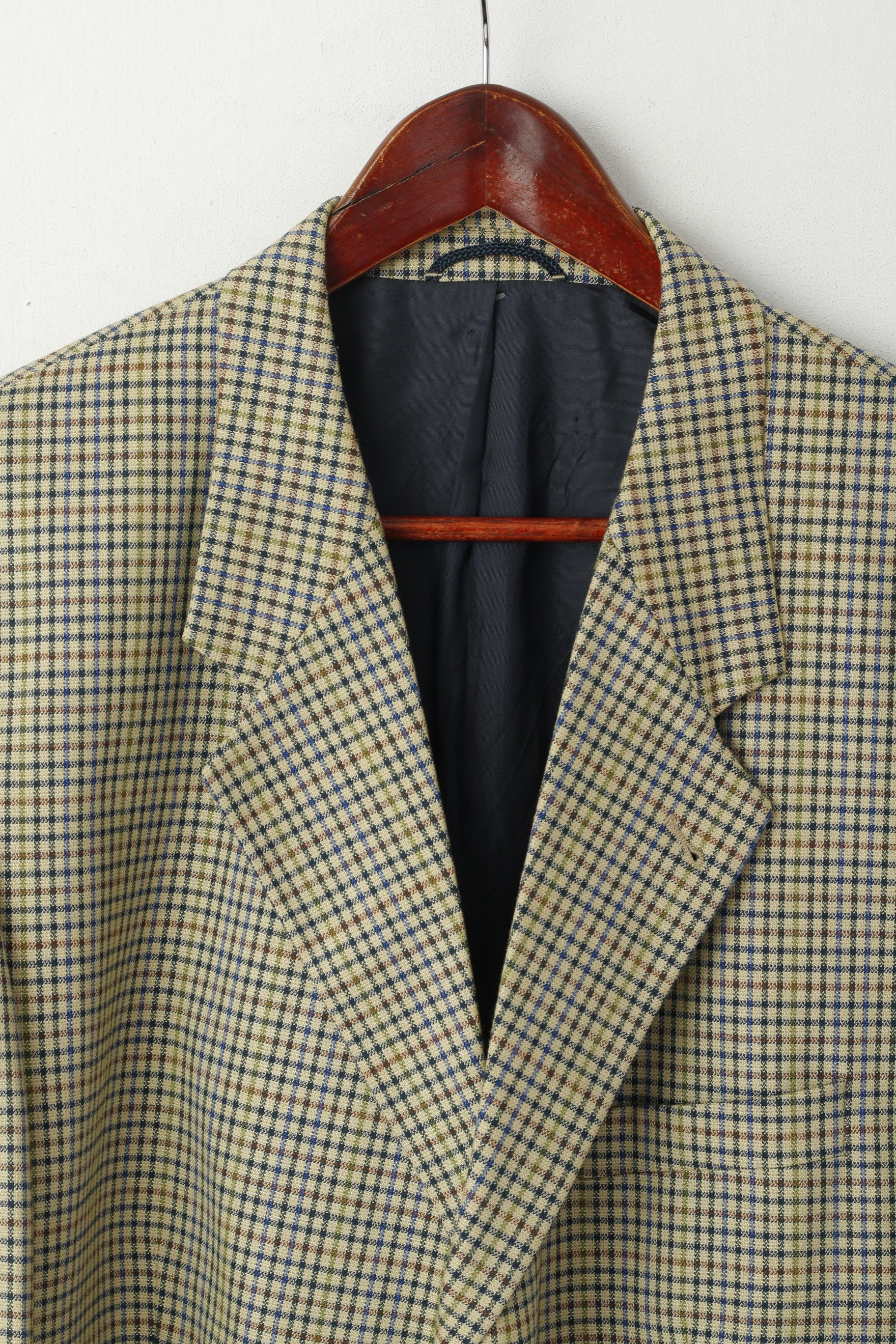John Harris Men 28 46 Blazer Beige Checkered Wool Silk Vintage 90s Stretch Fit Jacket