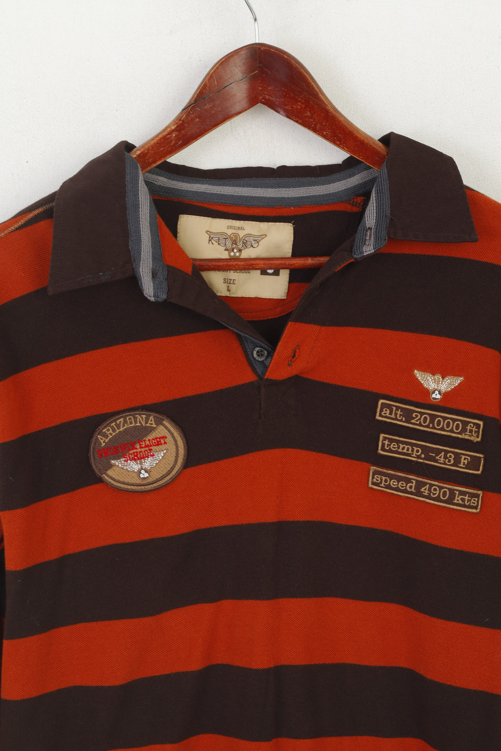 Kitaro Hommes L Polo Marron Phoenix Flight School Rayé Coton Haut À Manches Longues