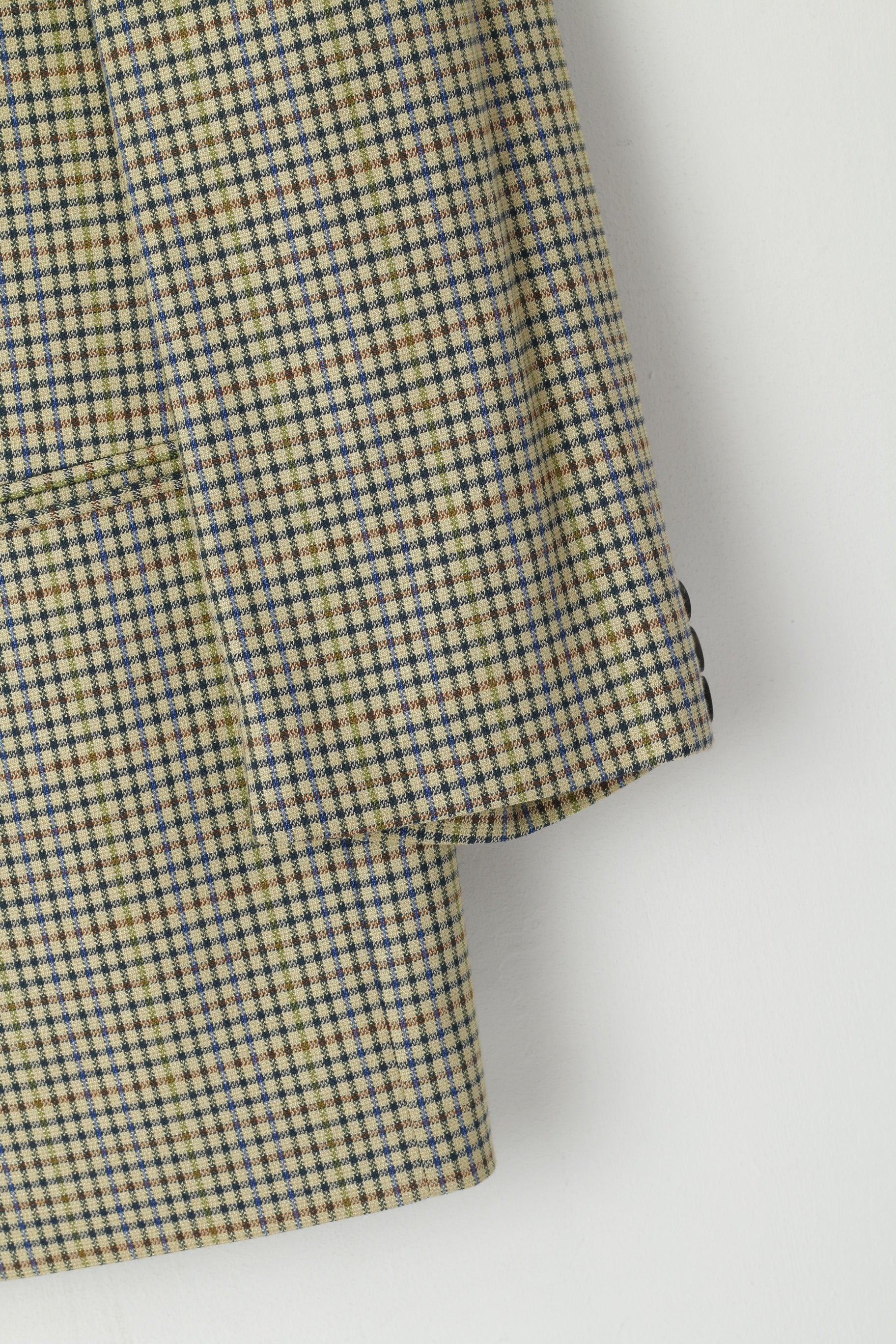 John Harris Men 28 46 Blazer Beige Checkered Wool Silk Vintage 90s Stretch Fit Jacket