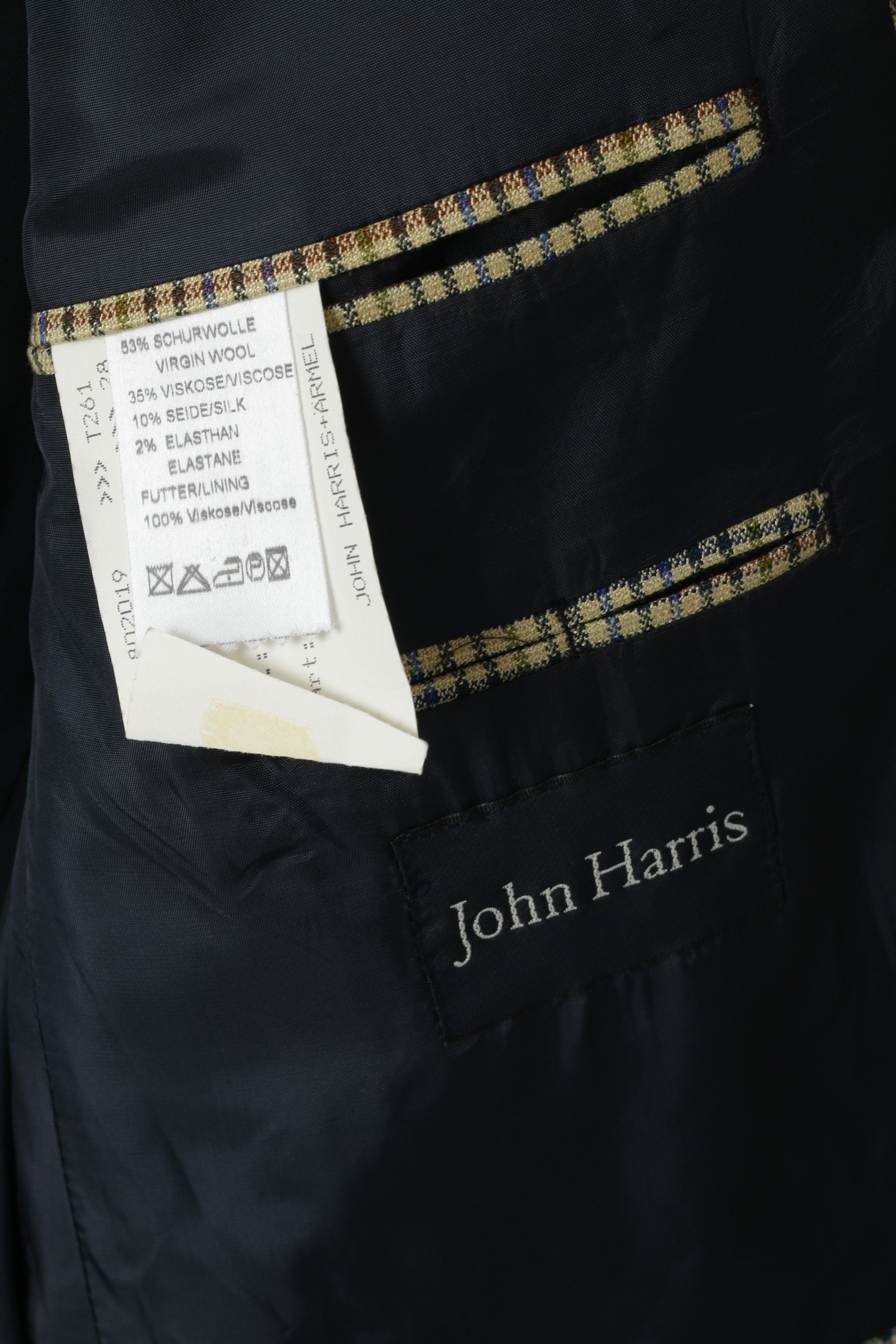 John Harris Men 28 46 Blazer Beige Checkered Wool Silk Vintage 90s Stretch Fit Jacket