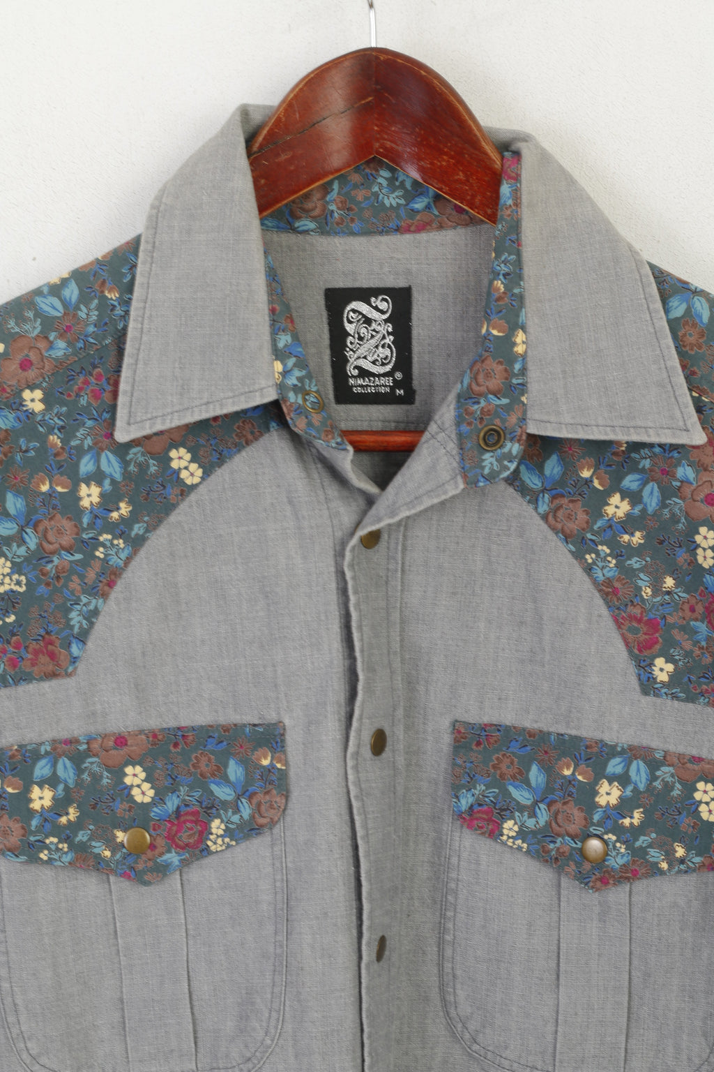 Nima Zaree Collection Men M Casual Shirt Grey Cotton Floral Boho Long Sleeve Top
