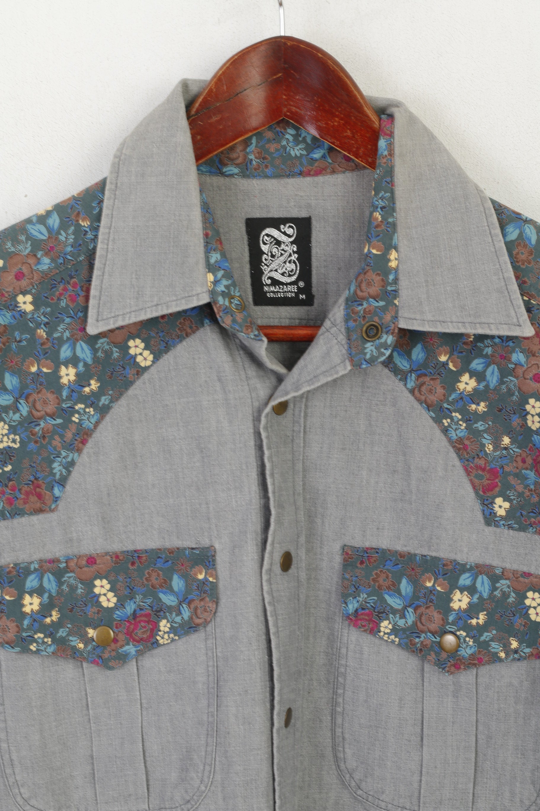 Nima Zaree Collection Men M Casual Shirt Grey Cotton Floral Boho Long Sleeve Top
